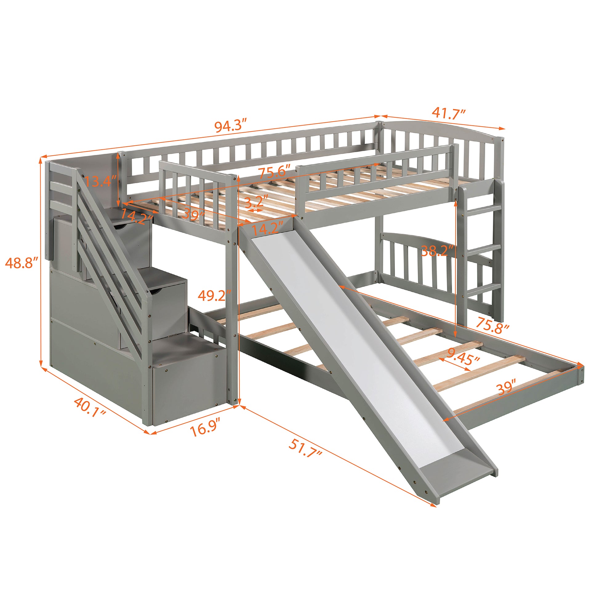 Stairway Twin Over Twin Bunk Bed With Two Drawers And Slide, Gray Old Sku :Lp000156Aae Gray Solid Wood