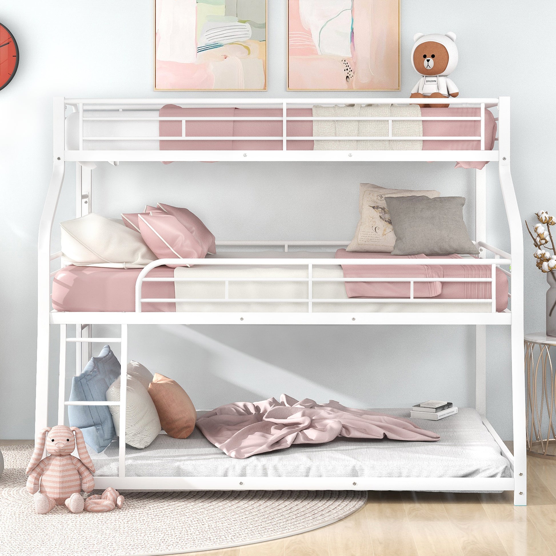 Twin Xl Full Xl Queen Triple Bunk Bed With Long And Short Ladder And Full Length Guardrails,White White Metal