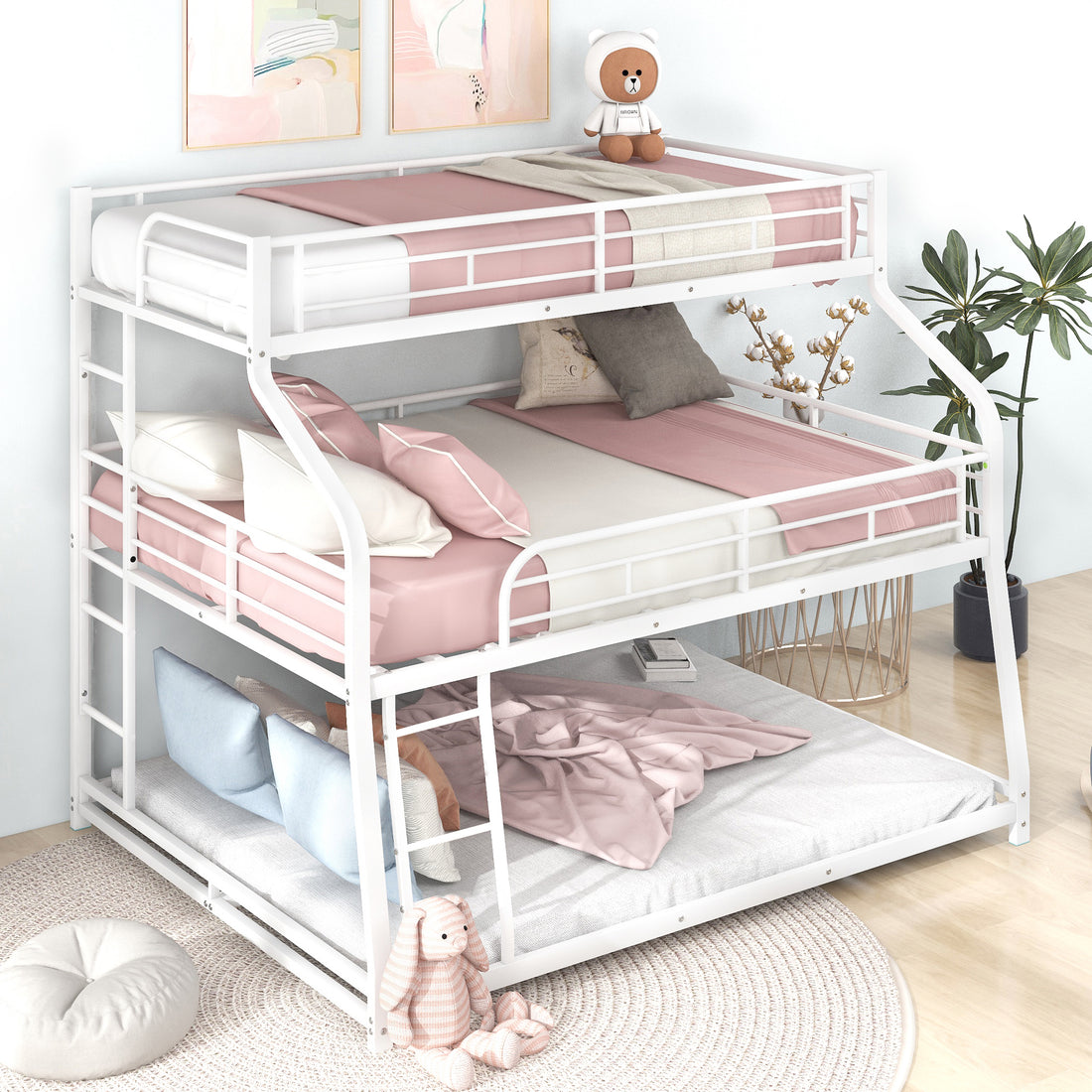 Twin Xl Full Xl Queen Triple Bunk Bed With Long And Short Ladder And Full Length Guardrails,White White Metal