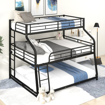 Twin Xl Full Xl Queen Triple Bunk Bed With Long And Short Ladder And Full Length Guardrails,Black Black Metal