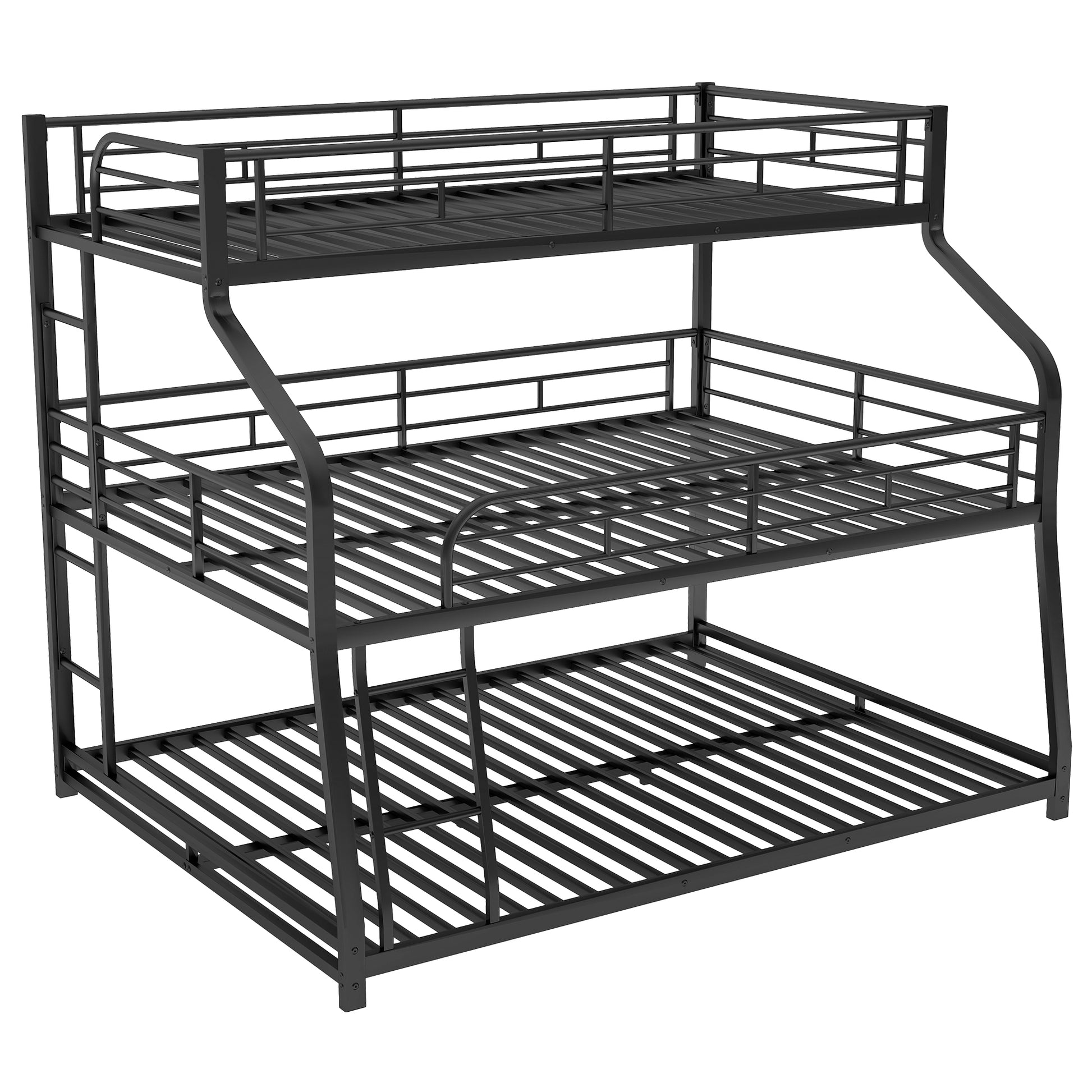 Twin Xl Full Xl Queen Triple Bunk Bed With Long And Short Ladder And Full Length Guardrails,Black Black Metal