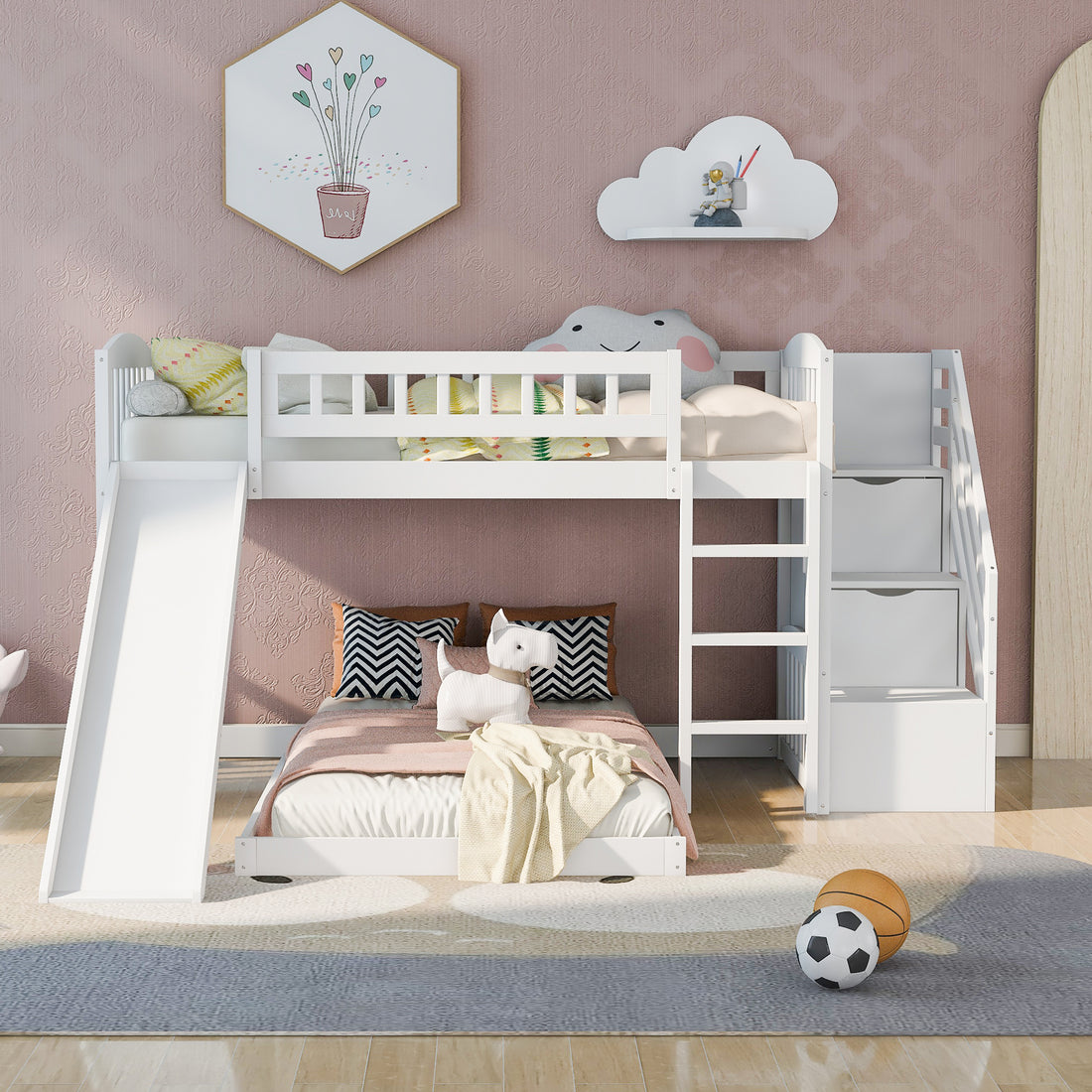 Stairway Twin Over Twin Bunk Bed With Two Drawers And Slide, White Old Sku :Lp000156Aak White Solid Wood