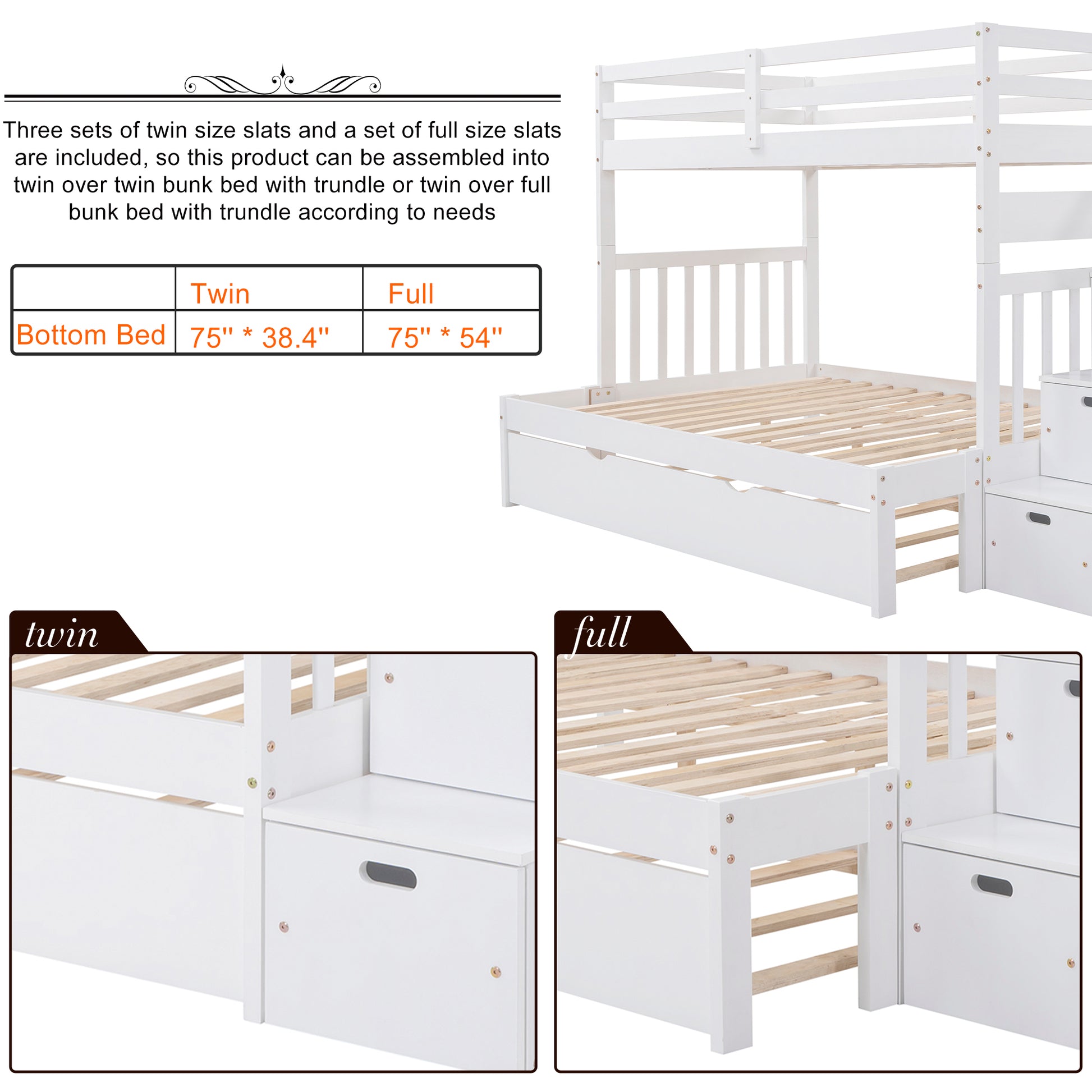 Twin Over Twin Full Bunk Bed With Twin Size Trundle White Old Sku :Lp000025Aak White Solid Wood