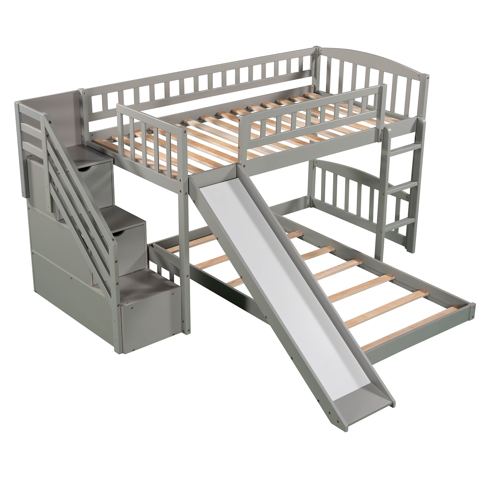 Stairway Twin Over Twin Bunk Bed With Two Drawers And Slide, Gray Old Sku :Lp000156Aae Gray Solid Wood