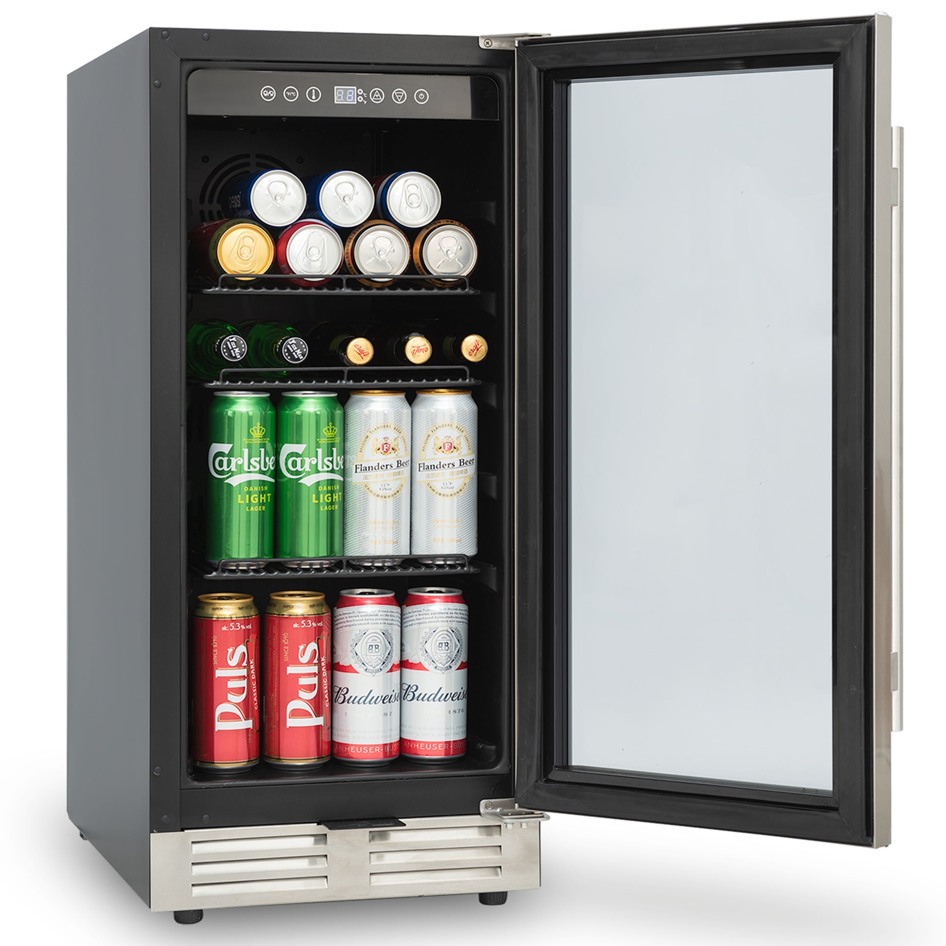 Built In And Freestanding 15" Mini Beverage Refrigerator Wine Cabinet, 120 Cans, 37 65 F, Quiet, Adjustable Shelves, Led Lighting, Etltouch Controls, Defrost, Double Glass Door, Kitchen Bar Office Black And Silver Steel Stainless Steel