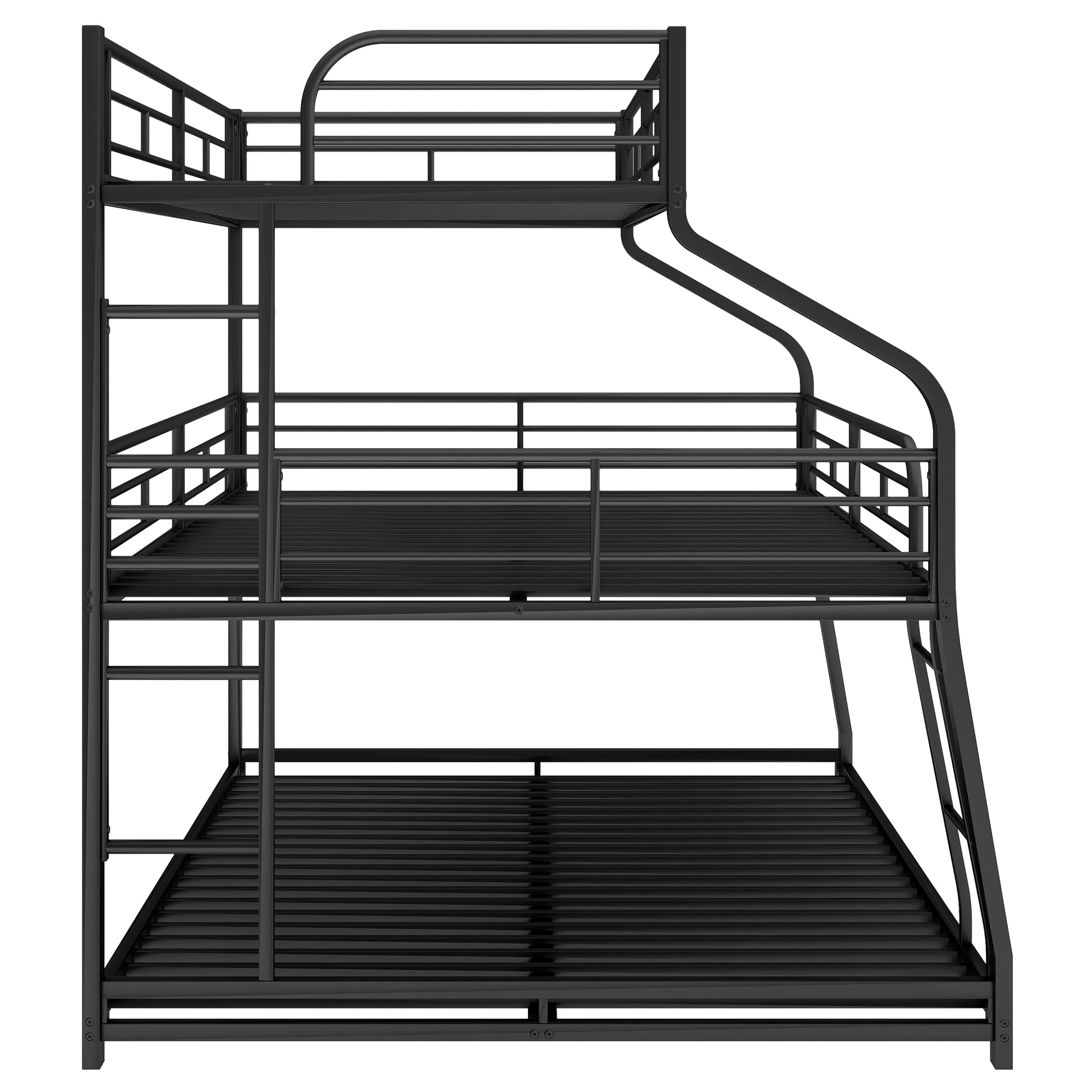 Twin Xl Full Xl Queen Triple Bunk Bed With Long And Short Ladder And Full Length Guardrails,Black Black Metal