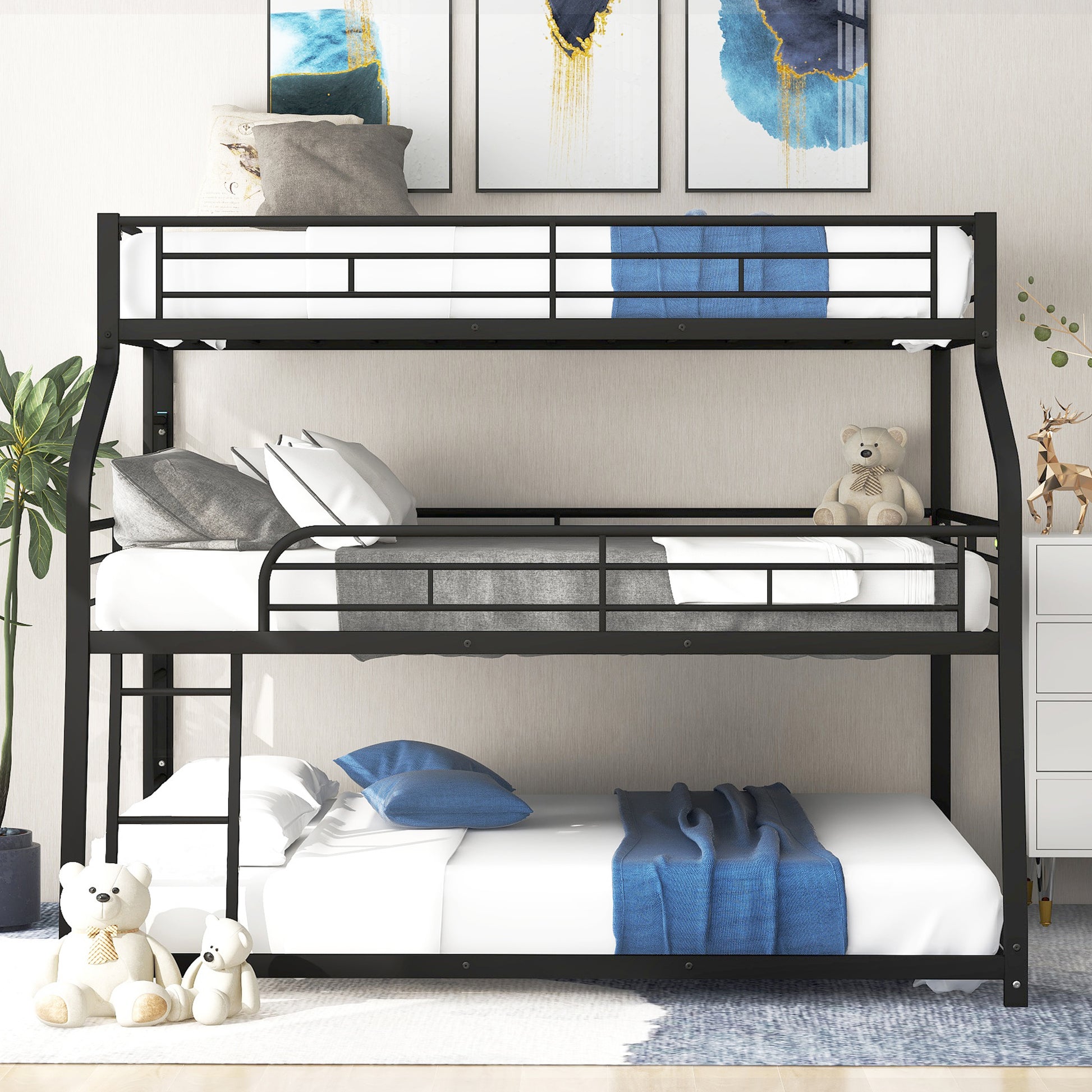 Twin Xl Full Xl Queen Triple Bunk Bed With Long And Short Ladder And Full Length Guardrails,Black Black Metal