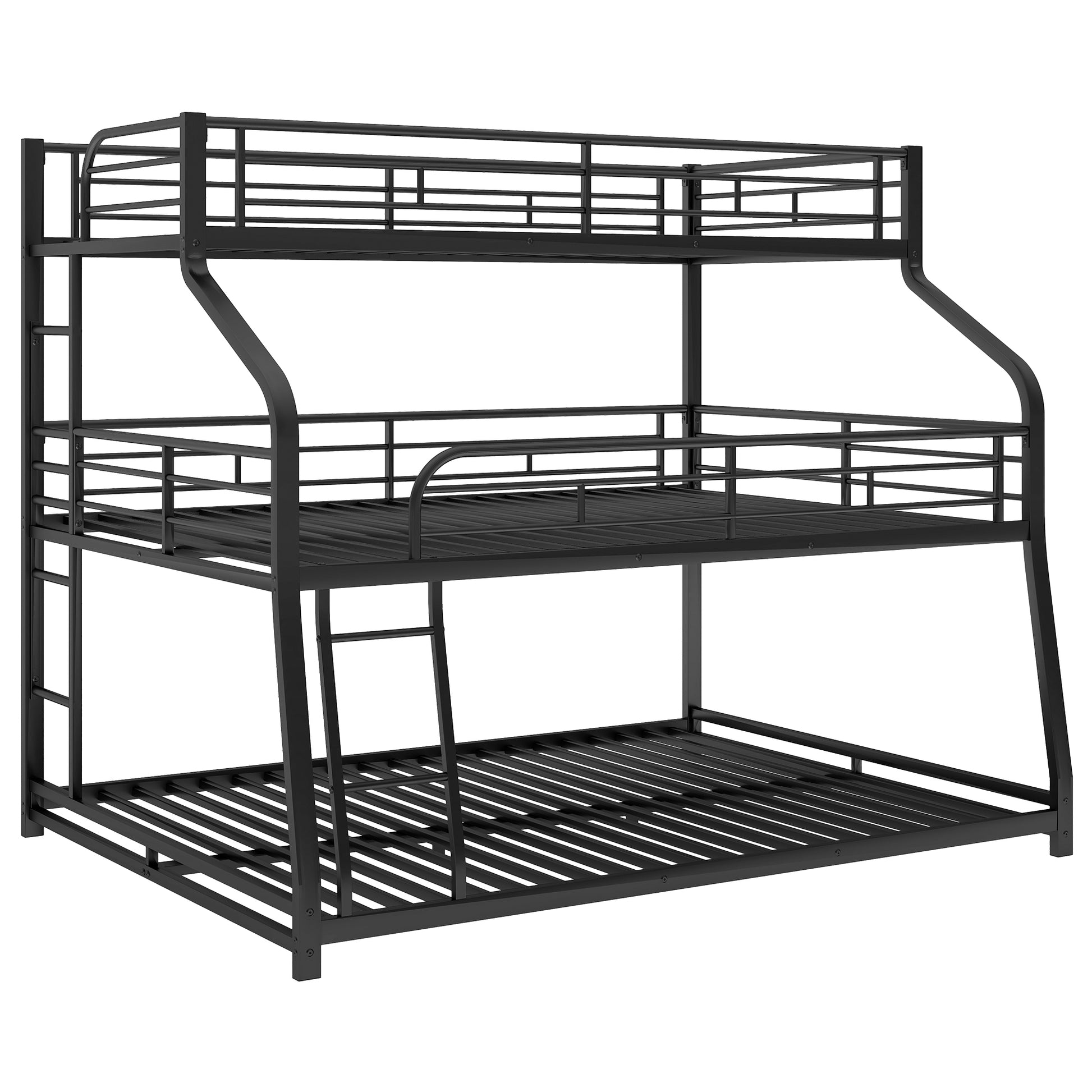 Twin Xl Full Xl Queen Triple Bunk Bed With Long And Short Ladder And Full Length Guardrails,Black Black Metal