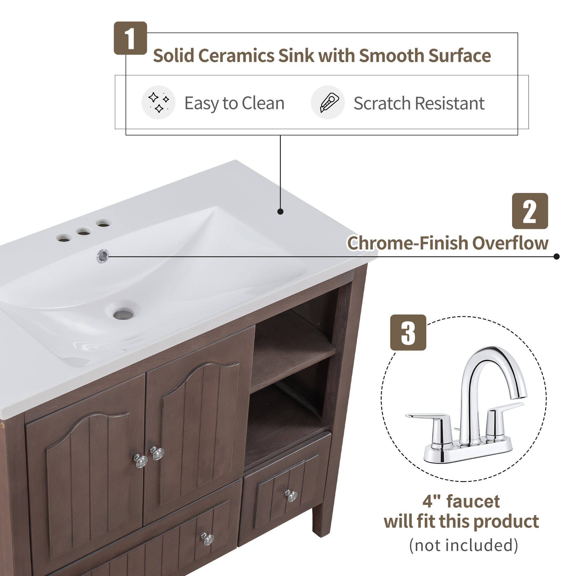 Video 36" Bathroom Vanity With Ceramic Basin, Bathroom Storage Cabinet With Two Doors And Drawers, Solid Frame, Metal Handles, Brown Old Sku: Jl000003Aad 1 Brown Solid Wood