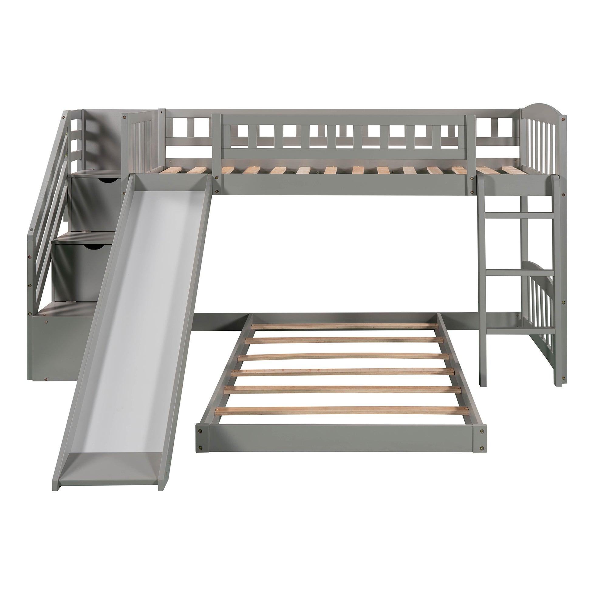 Stairway Twin Over Twin Bunk Bed With Two Drawers And Slide, Gray Old Sku :Lp000156Aae Gray Solid Wood