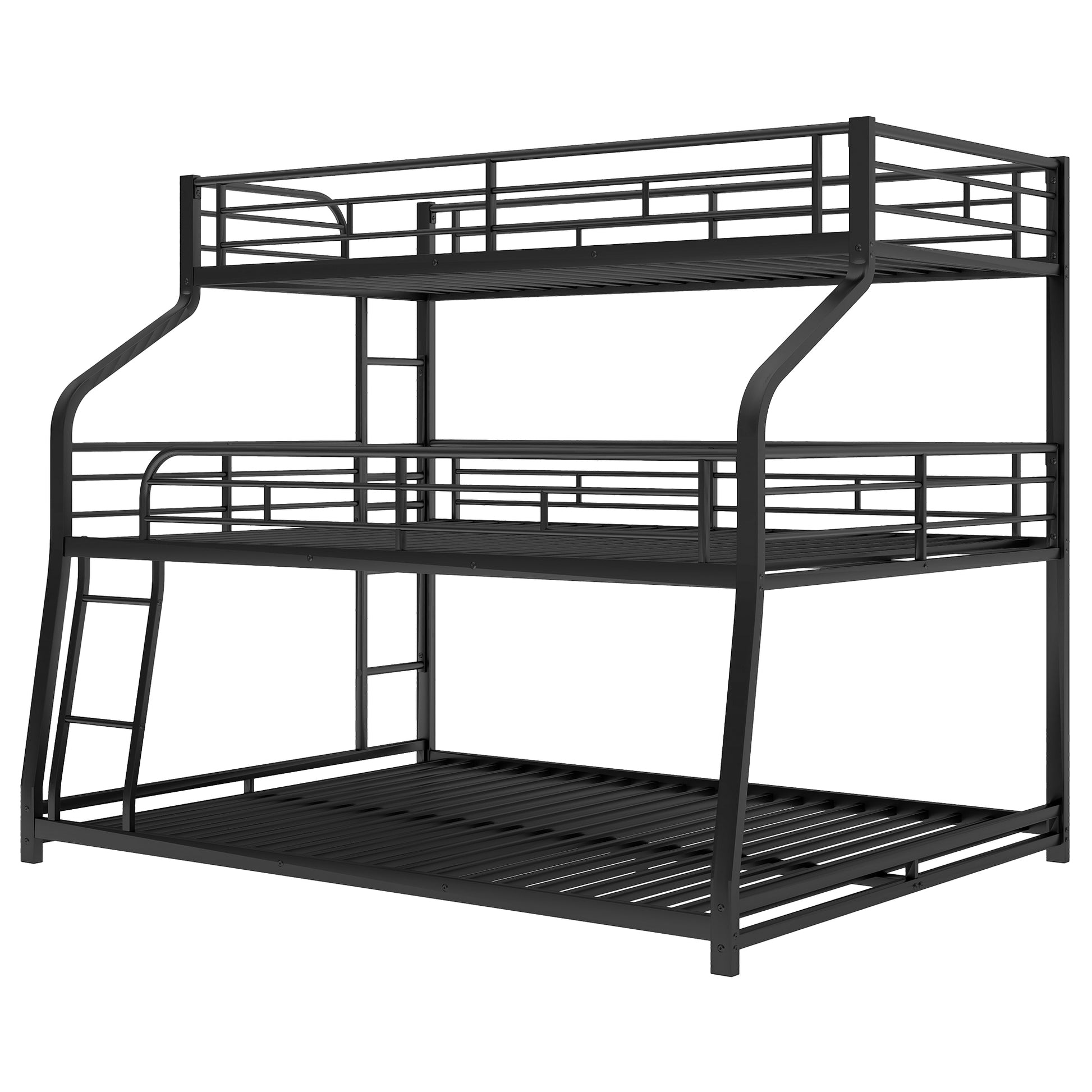 Twin Xl Full Xl Queen Triple Bunk Bed With Long And Short Ladder And Full Length Guardrails,Black Black Metal