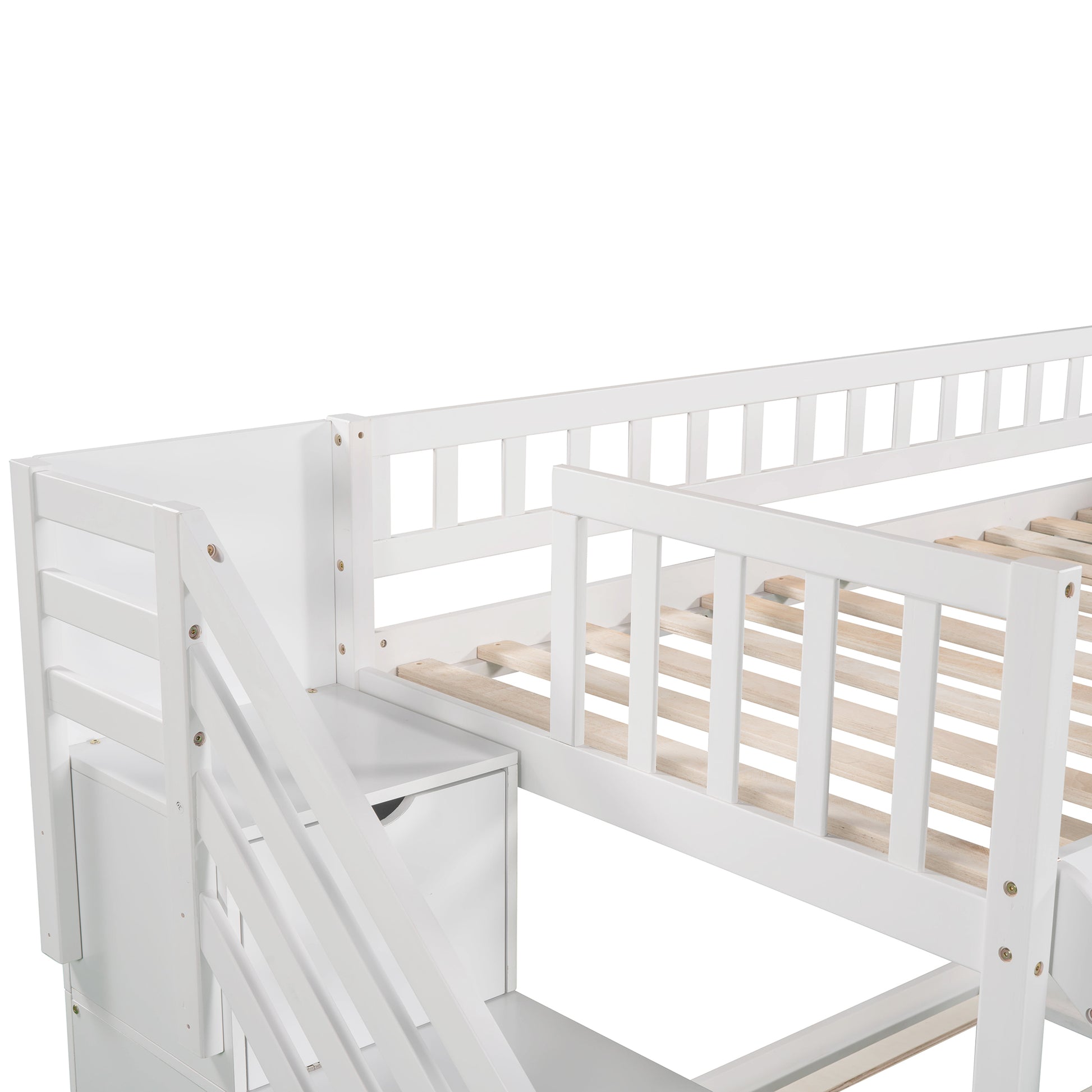 Stairway Twin Over Twin Bunk Bed With Two Drawers And Slide, White Old Sku :Lp000156Aak White Solid Wood