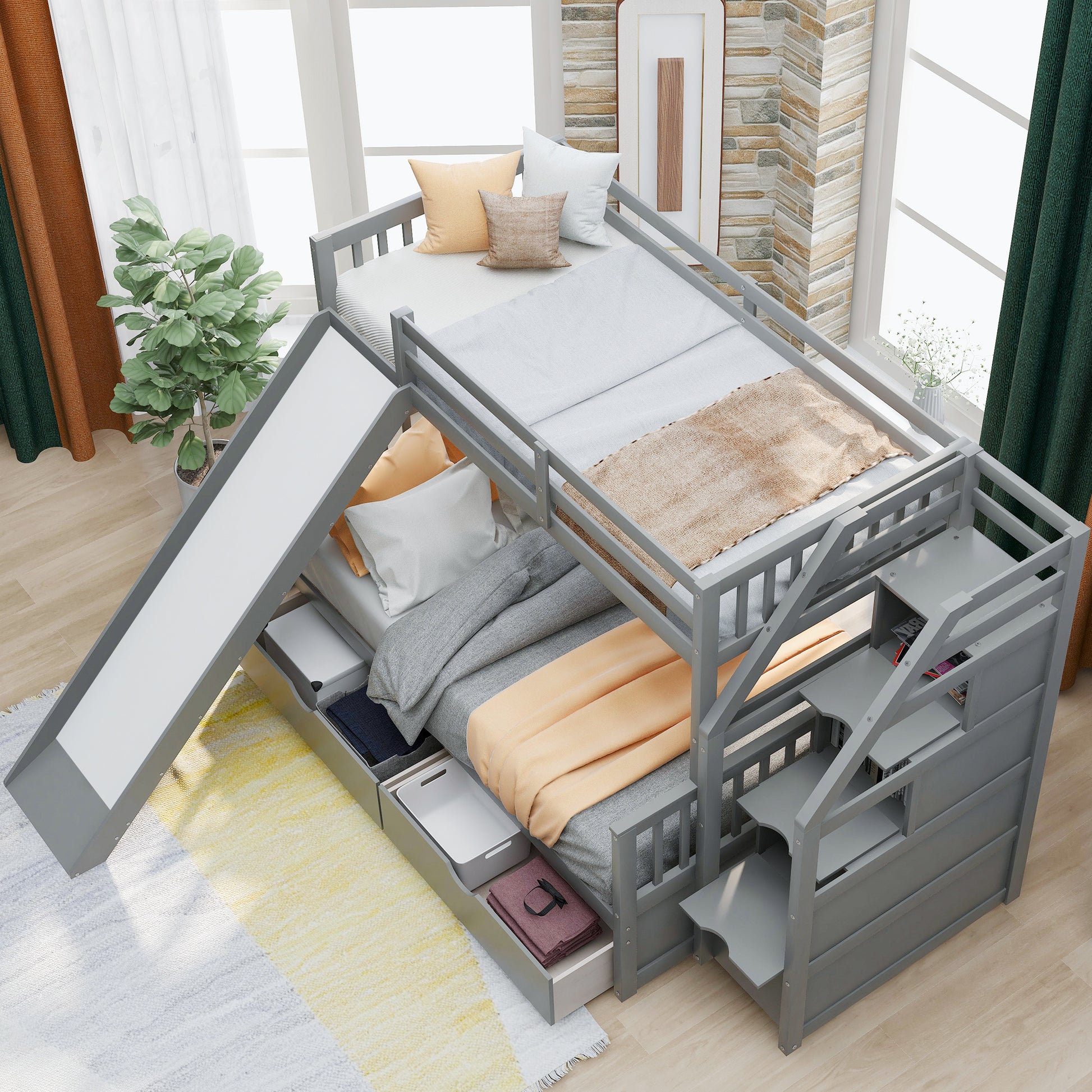 Twin Over Full Bunk Bed With Drawers,Storage And Slide, Multifunction, Gray Twin Box Spring Not Required Gray Pine