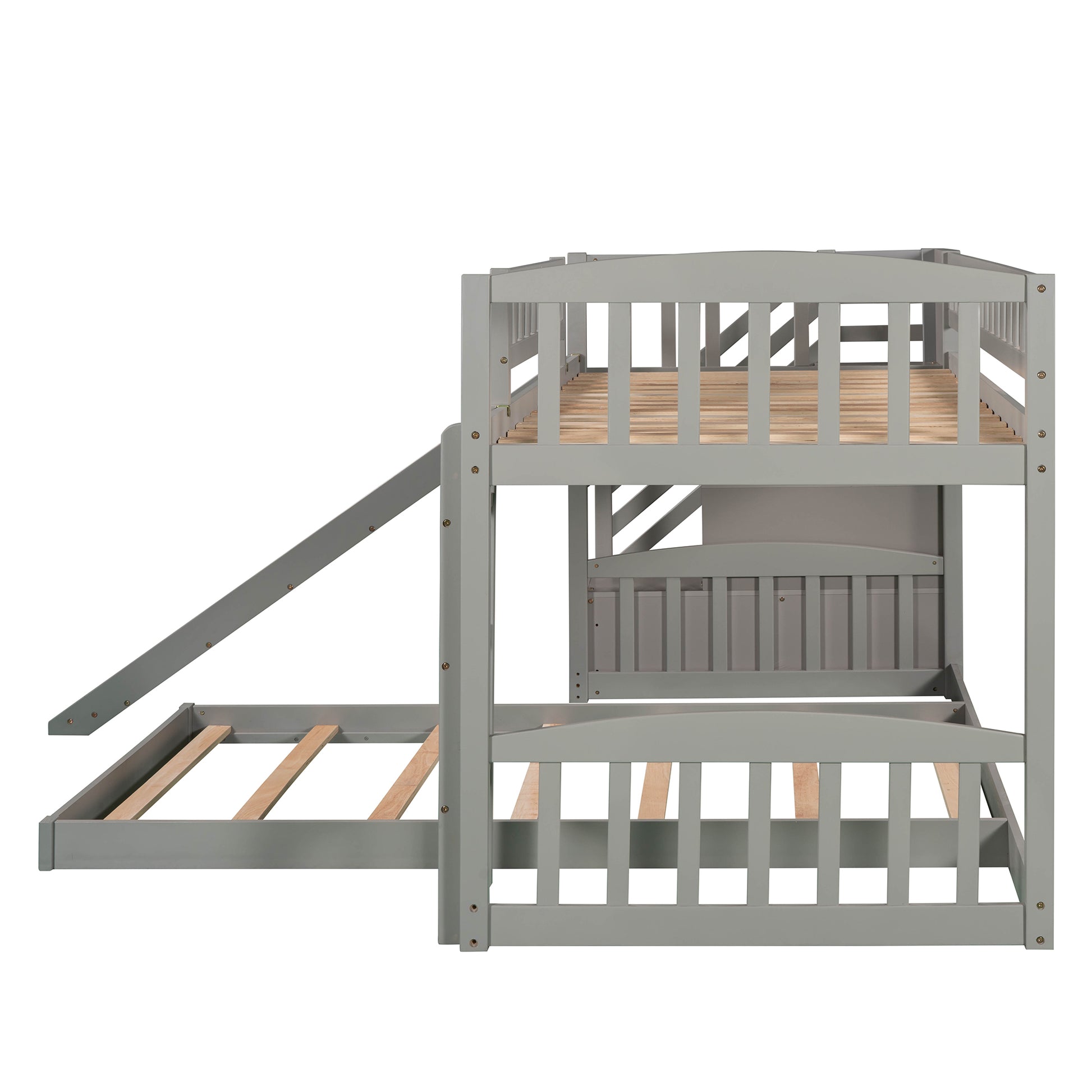 Stairway Twin Over Twin Bunk Bed With Two Drawers And Slide, Gray Old Sku :Lp000156Aae Gray Solid Wood