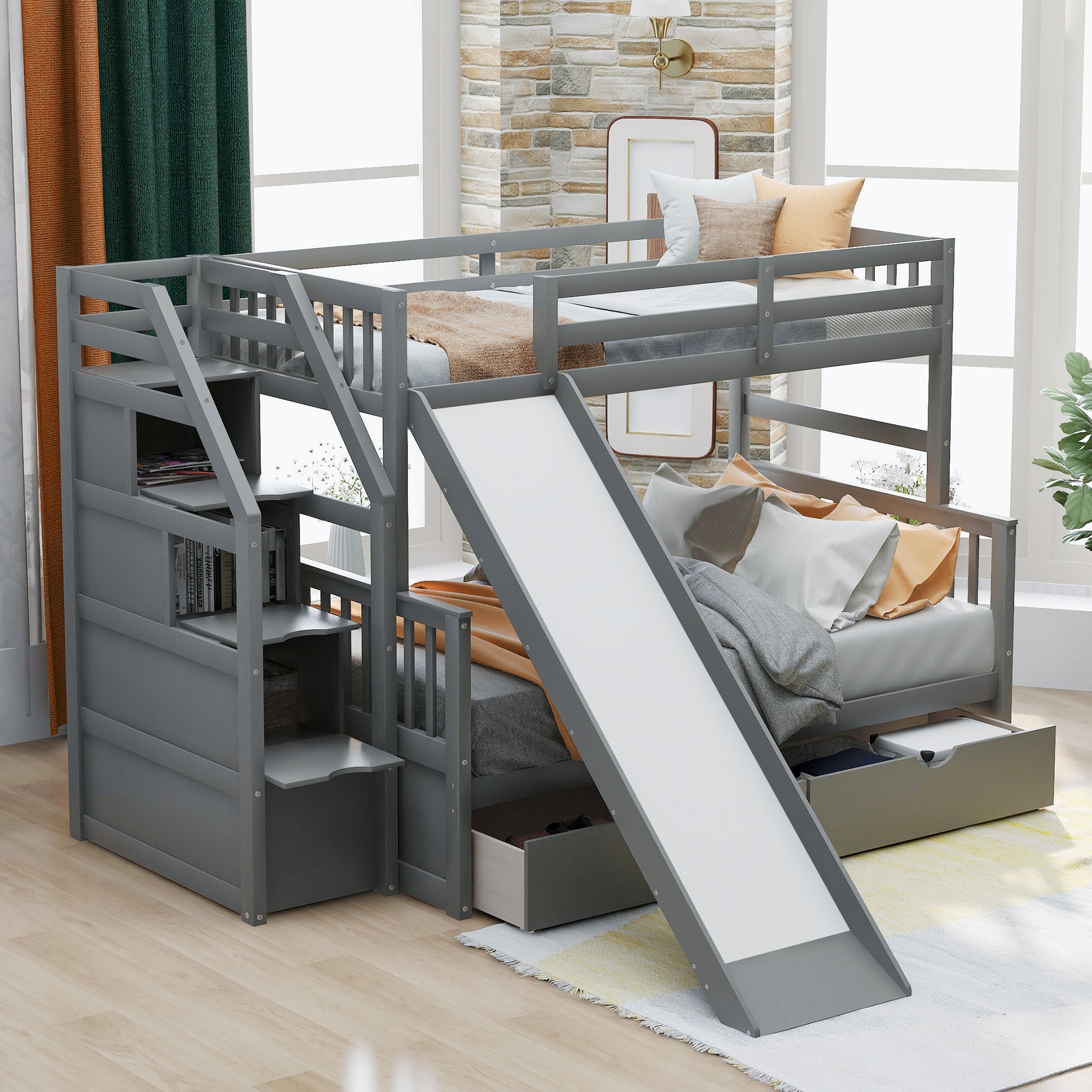 Twin Over Full Bunk Bed With Drawers,Storage And Slide, Multifunction, Gray Twin Box Spring Not Required Gray Pine