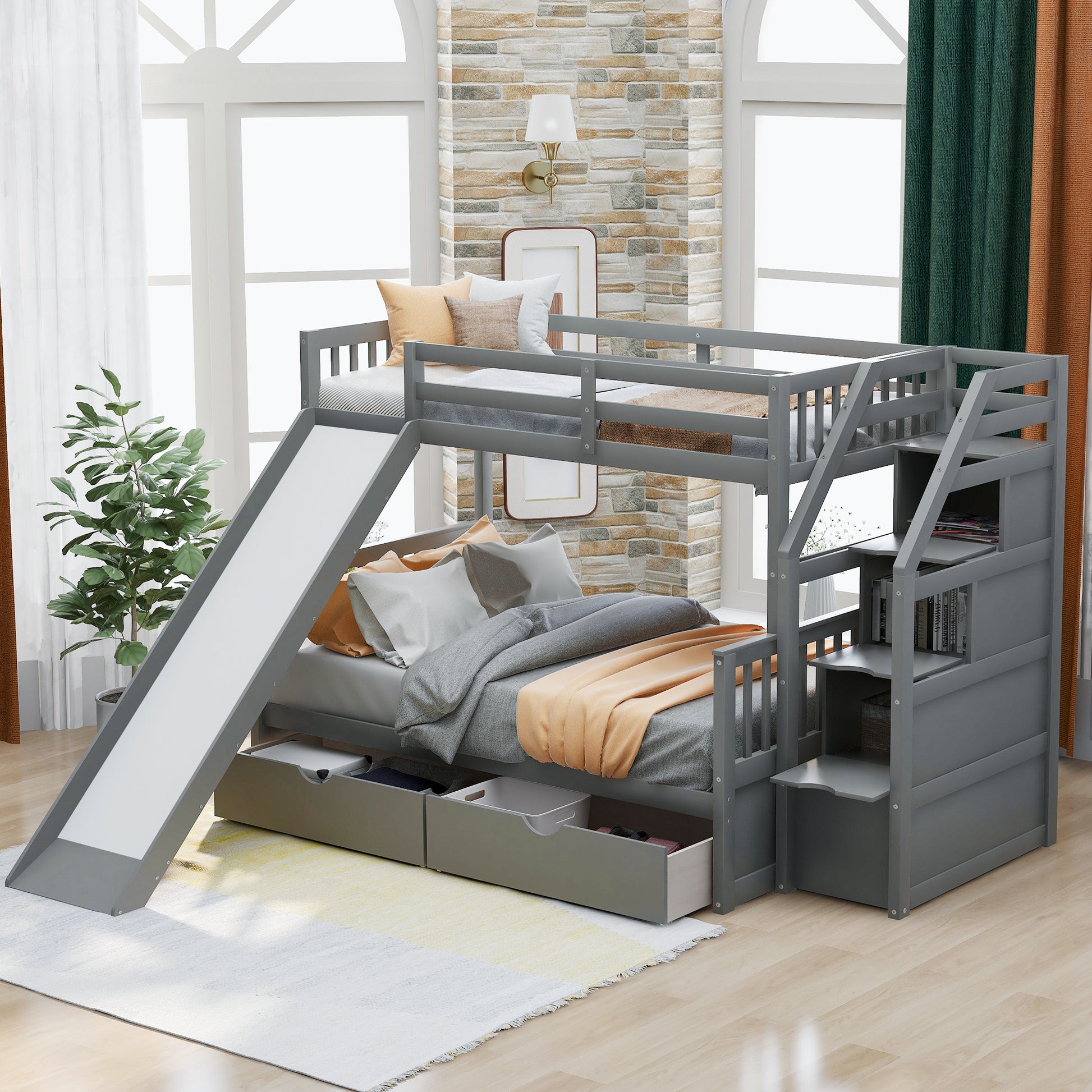 Twin Over Full Bunk Bed With Drawers,Storage And Slide, Multifunction, Gray Twin Box Spring Not Required Gray Pine