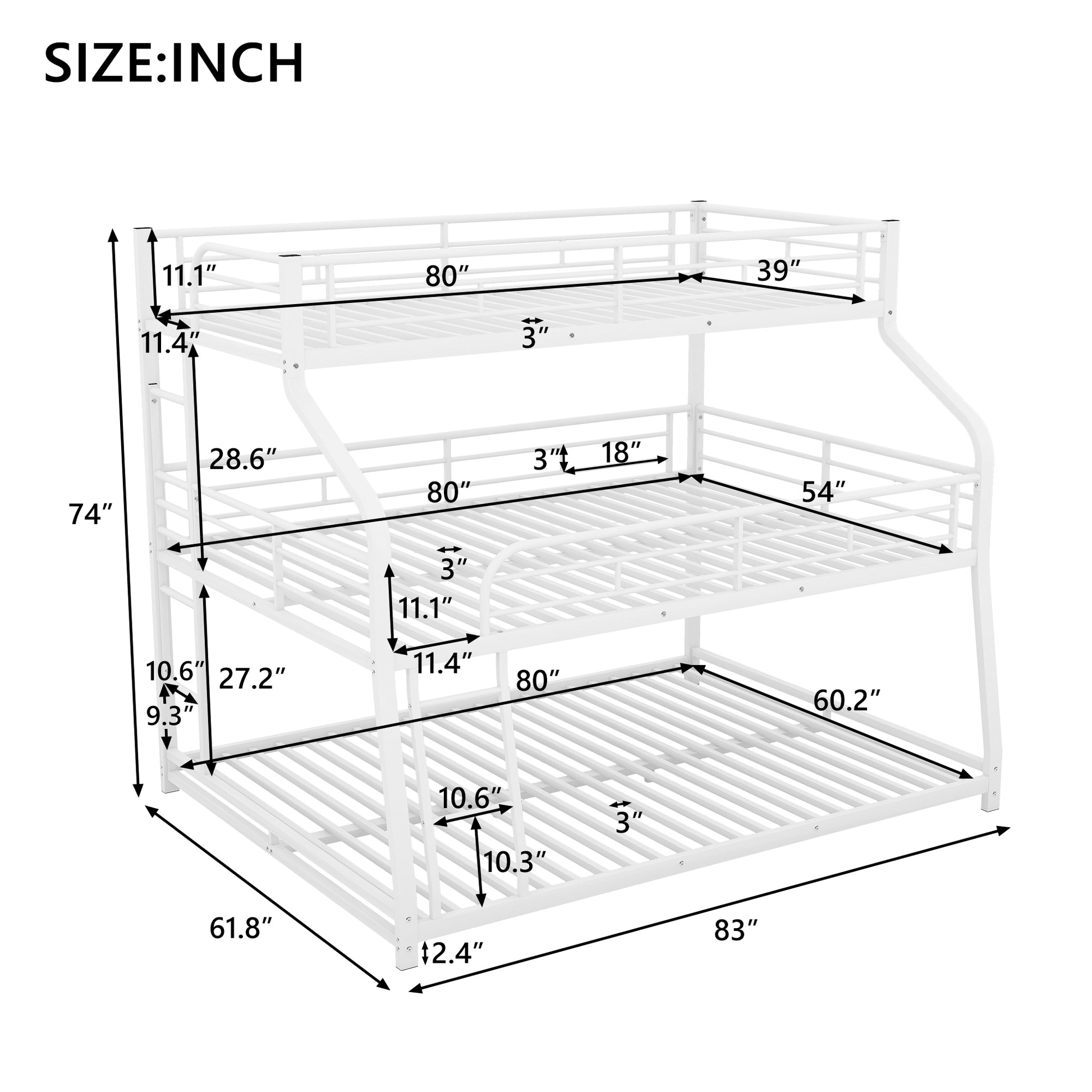 Twin Xl Full Xl Queen Triple Bunk Bed With Long And Short Ladder And Full Length Guardrails,White White Metal