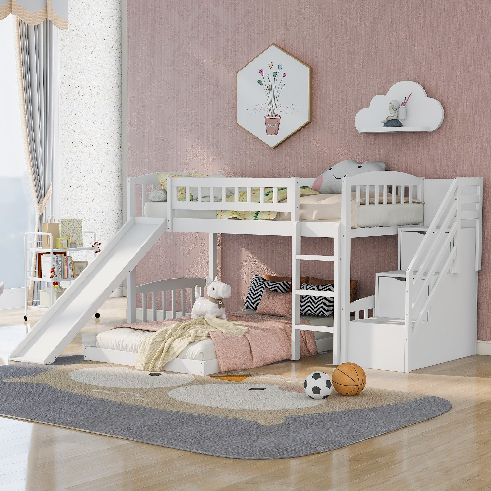 Stairway Twin Over Twin Bunk Bed With Two Drawers And Slide, White Old Sku :Lp000156Aak White Solid Wood