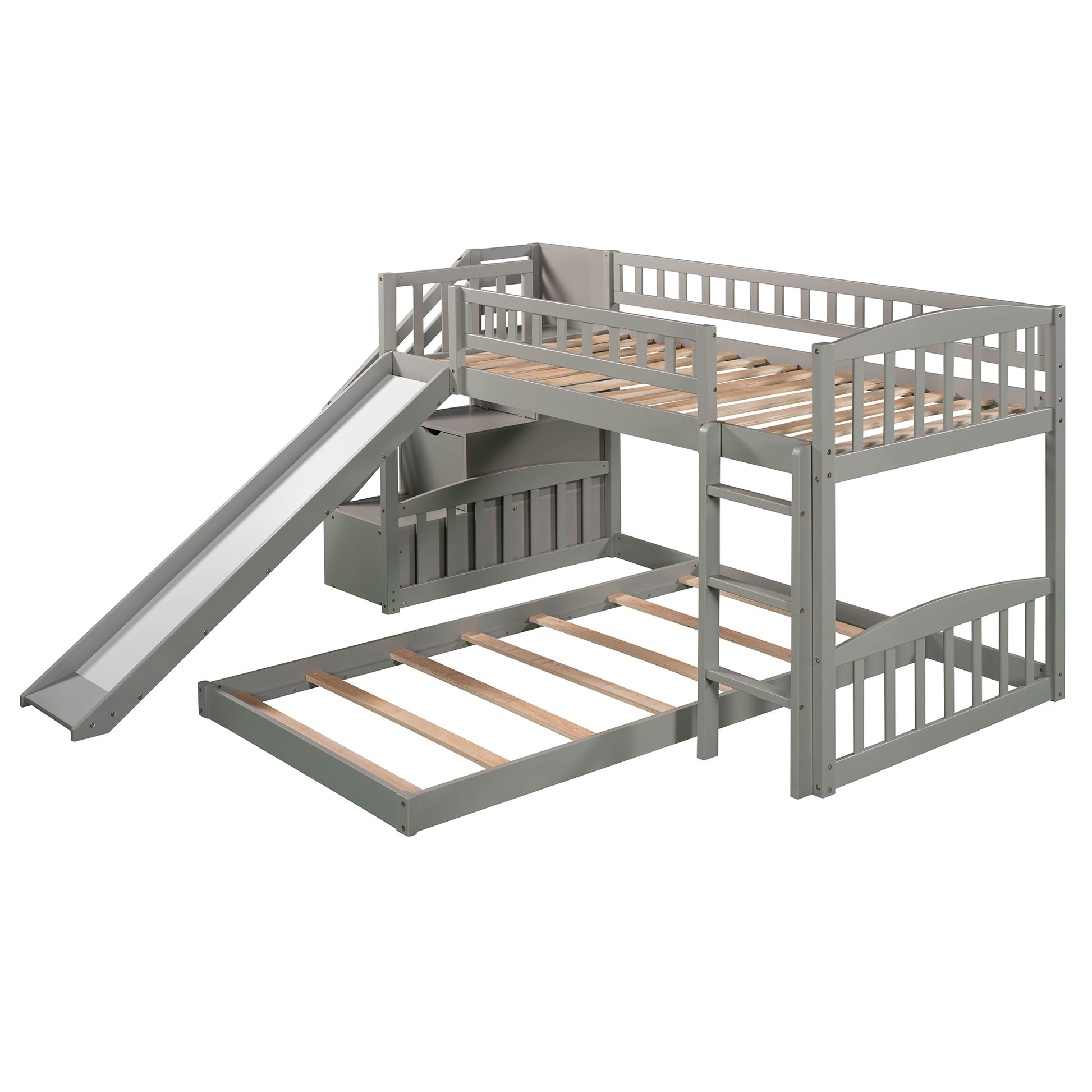 Stairway Twin Over Twin Bunk Bed With Two Drawers And Slide, Gray Old Sku :Lp000156Aae Gray Solid Wood