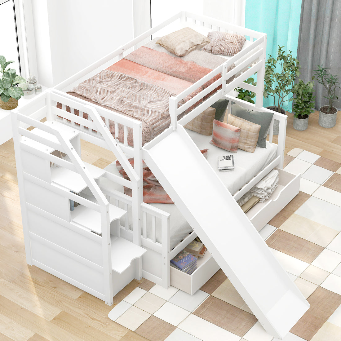 Twin Over Full Bunk Bed With Drawers,Storage And Slide, Multifunction, White Twin Box Spring Not Required White Pine