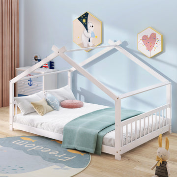 Full Size House Bed Wood Bed, White Old Sku:Wf282521Aak White Solid Wood