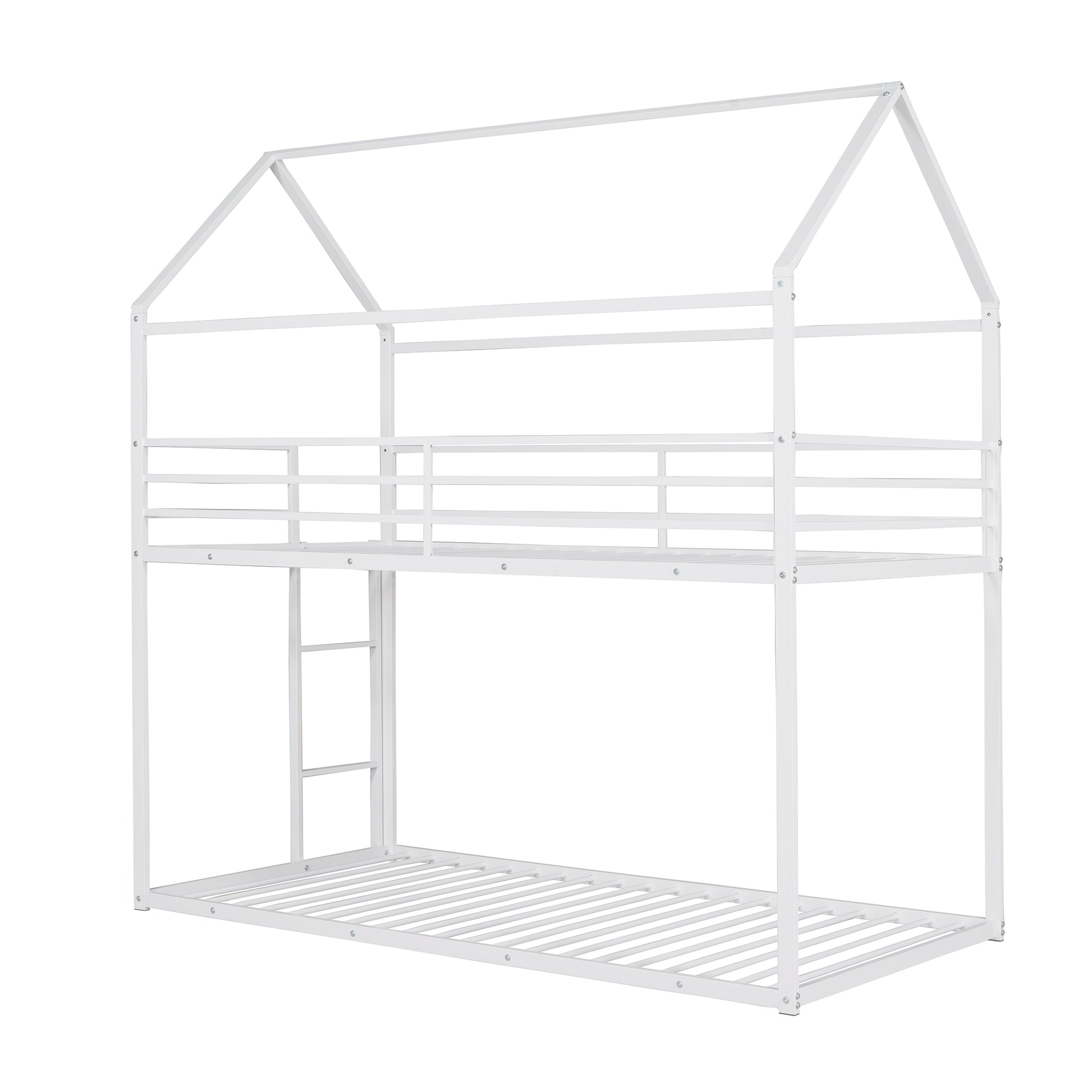 Bunk Beds For Kids Twin Over Twin,House Bunk Bed Metal Bed Frame Built In Ladder,No Box Spring Needed White White Metal