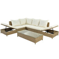 Patio 3 Piece Rattan Sofa Set All Weather Pe Wicker Sectional Set With Adjustable Chaise Lounge Frame And Tempered Glass Table, Natural Brown Yes Complete Patio Set Natural Water Resistant Frame Water Resistant Cushion Garden & Outdoor Casual Sofa