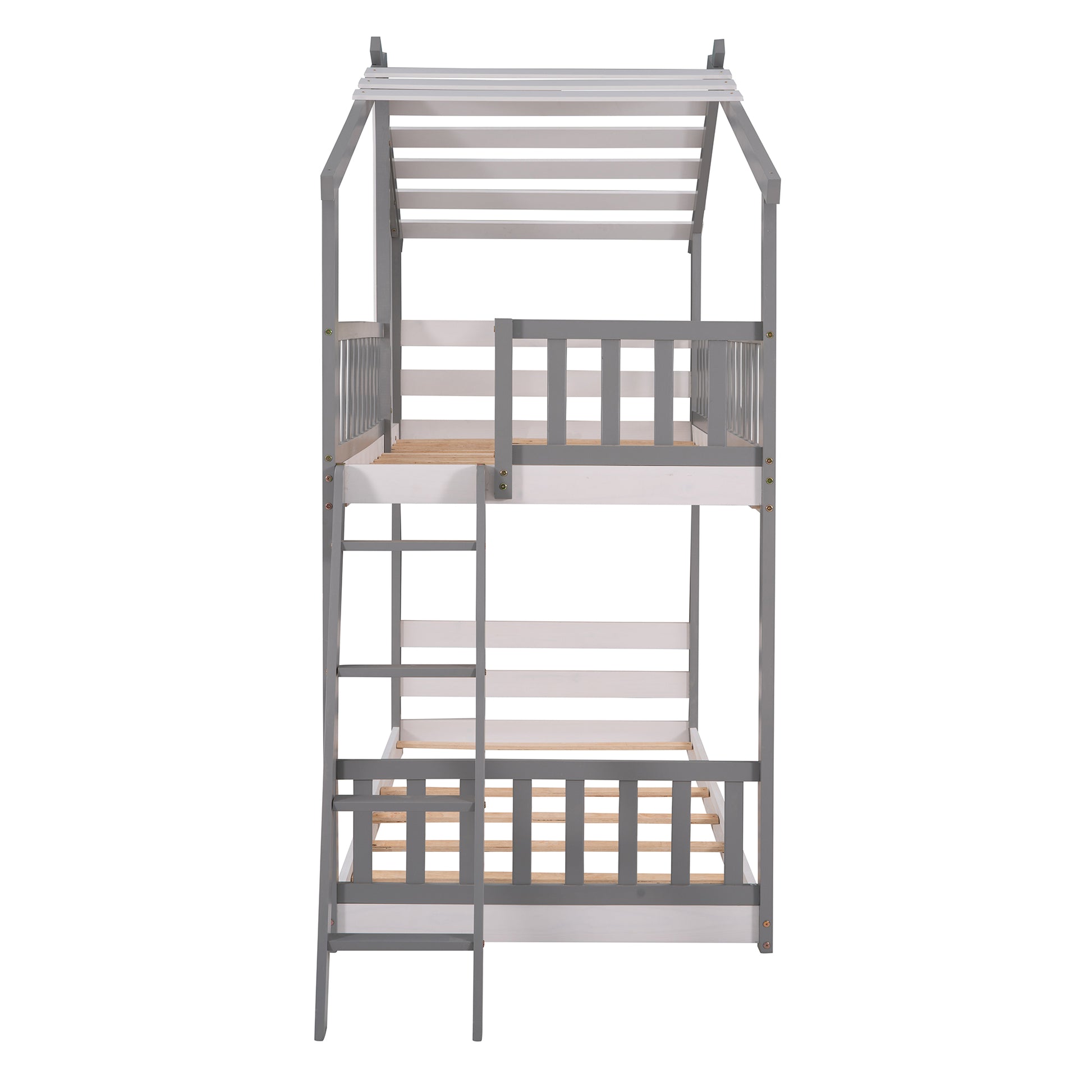 Twin Over Twin Bunk Bed Wood Bed With Roof, Window, Ladder Gray Old Sku :Lp000008Aae Twin Gray Solid Wood