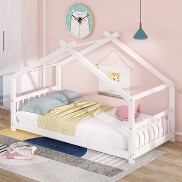 Twin Size House Bed Wood Bed, White White Solid Wood