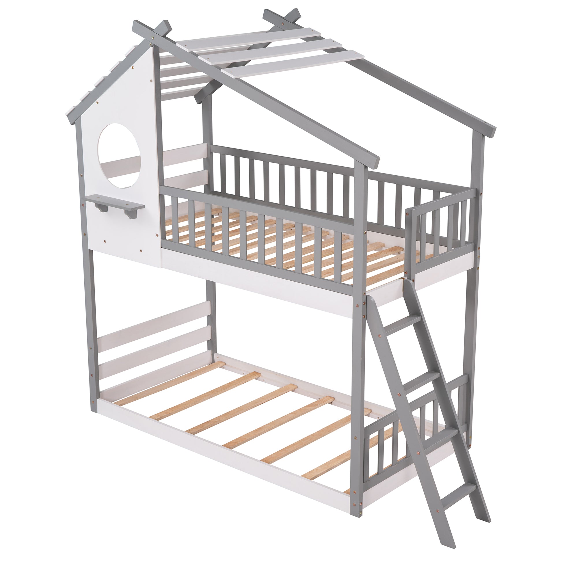 Twin Over Twin Bunk Bed Wood Bed With Roof, Window, Ladder Gray Old Sku :Lp000008Aae Twin Gray Solid Wood