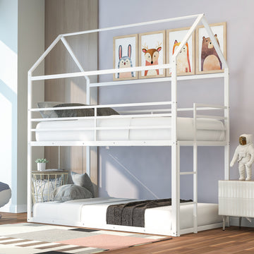 Bunk Beds For Kids Twin Over Twin,House Bunk Bed Metal Bed Frame Built In Ladder,No Box Spring Needed White White Metal