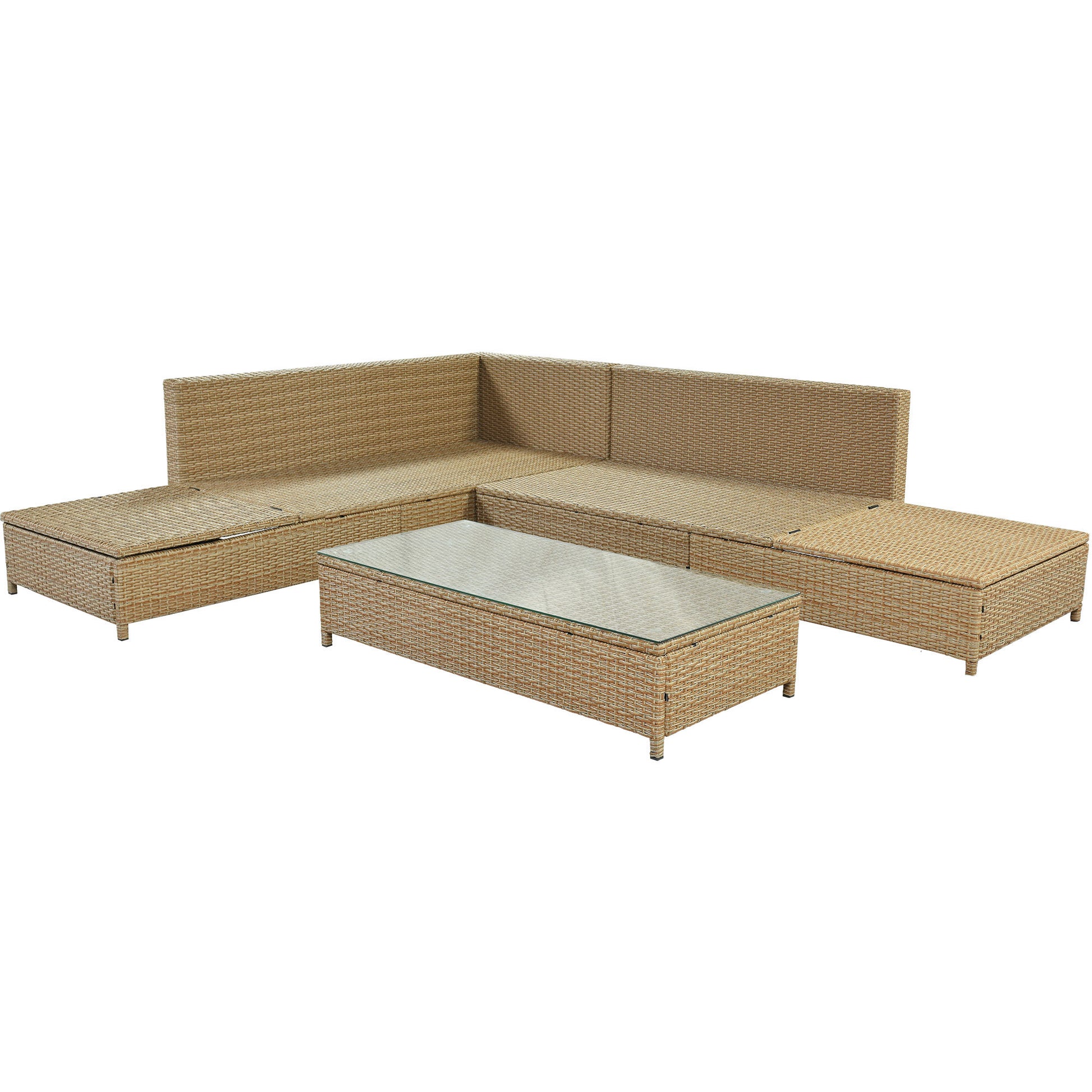 Patio 3 Piece Rattan Sofa Set All Weather Pe Wicker Sectional Set With Adjustable Chaise Lounge Frame And Tempered Glass Table, Natural Brown Yes Complete Patio Set Natural Water Resistant Frame Water Resistant Cushion Garden & Outdoor Casual Sofa