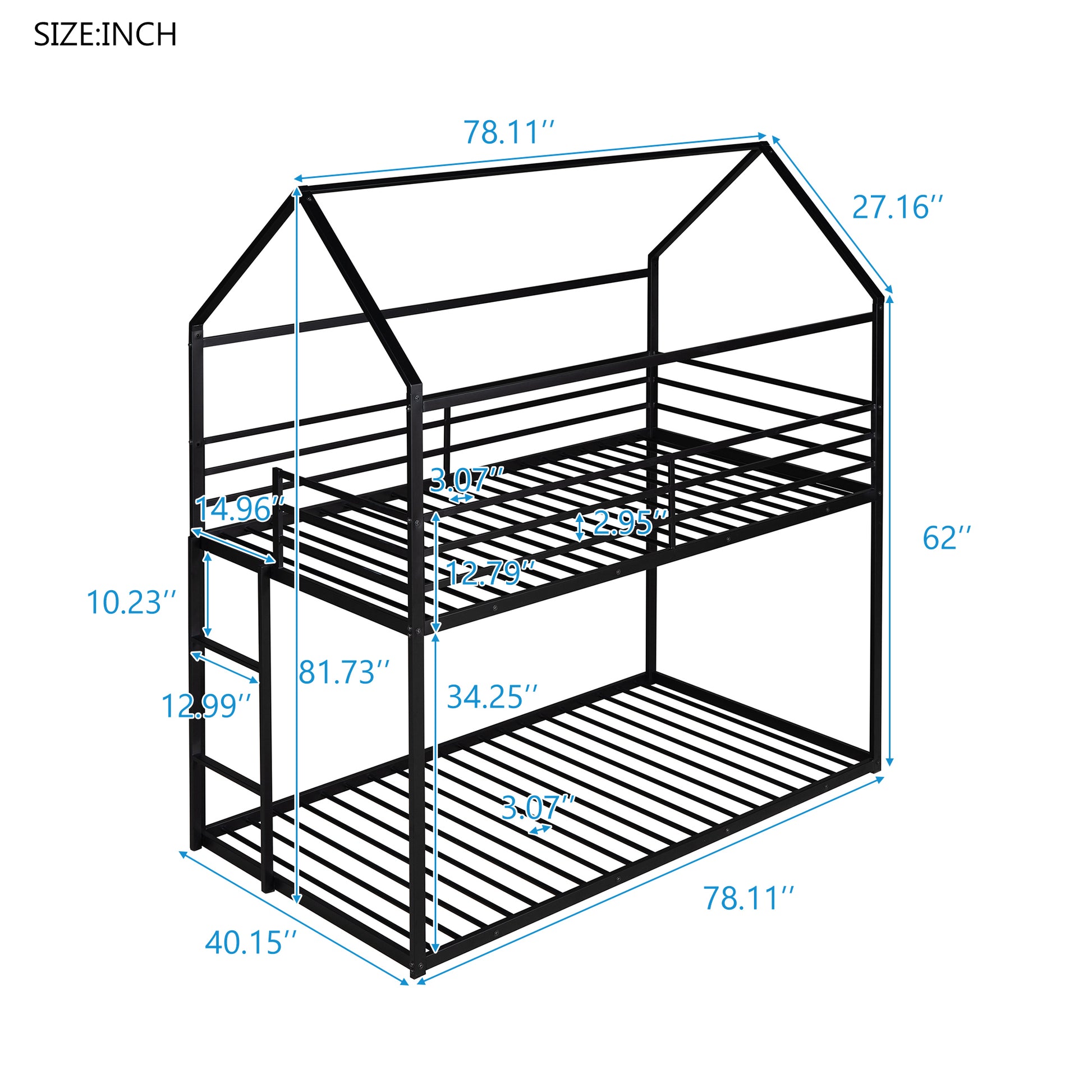 Bunk Beds For Kids Twin Over Twin,House Bunk Bed Metal Bed Frame Built In Ladder,No Box Spring Needed Black Black Metal