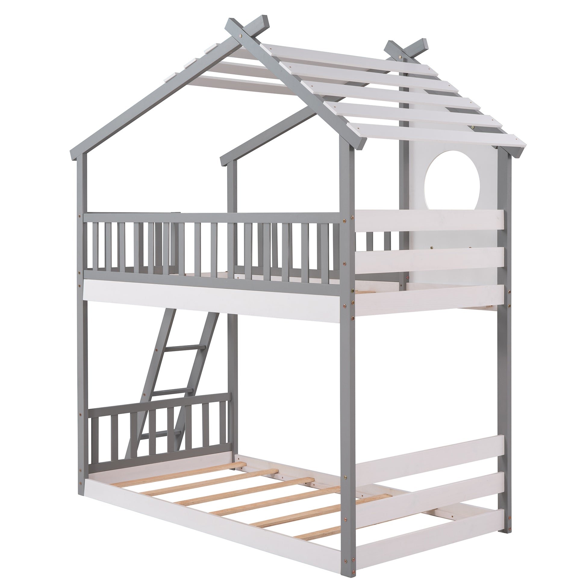 Twin Over Twin Bunk Bed Wood Bed With Roof, Window, Ladder Gray Old Sku :Lp000008Aae Twin Gray Solid Wood