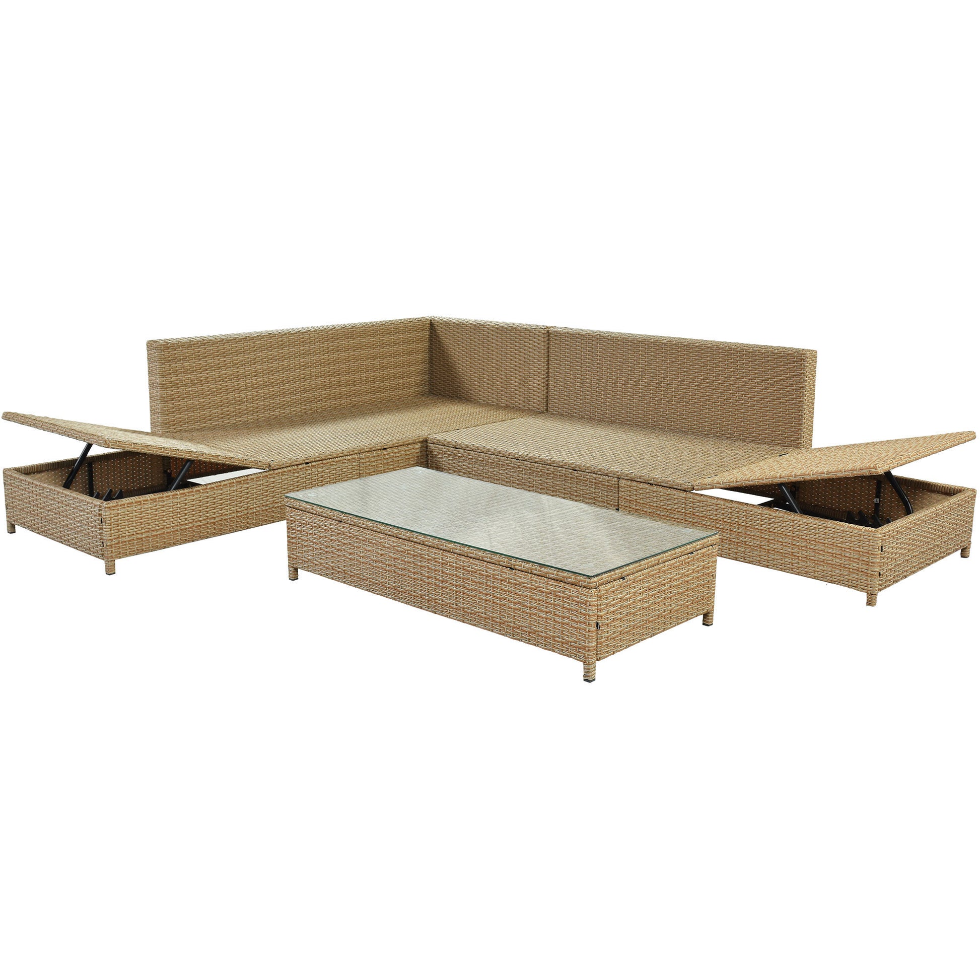 Patio 3 Piece Rattan Sofa Set All Weather Pe Wicker Sectional Set With Adjustable Chaise Lounge Frame And Tempered Glass Table, Natural Brown Yes Complete Patio Set Natural Water Resistant Frame Water Resistant Cushion Garden & Outdoor Casual Sofa