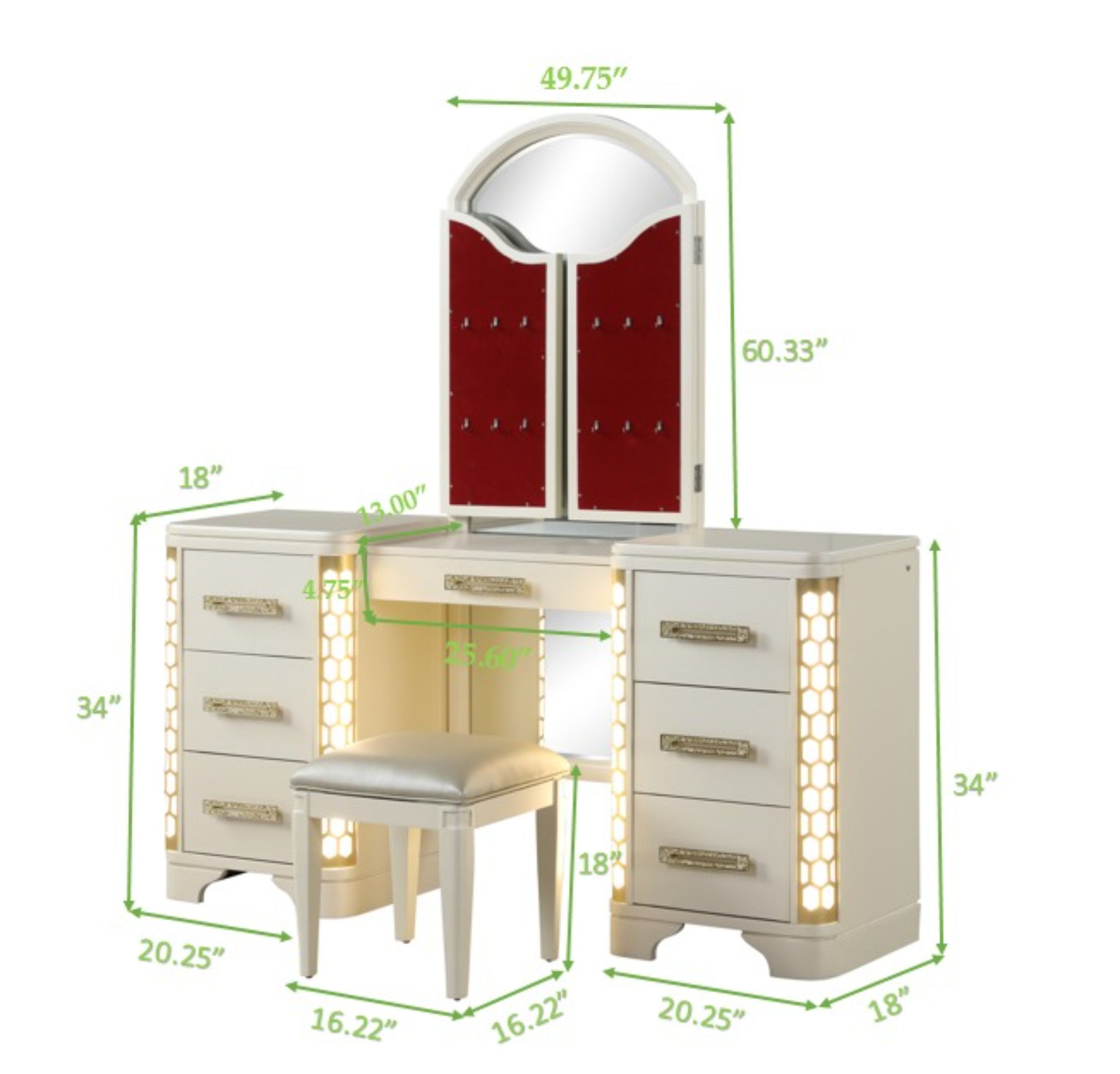 Jasmine Vanity Set With Side Led Lightning Made With Wood In Beige Beige Drawer 5 Drawers & Above Ball Bearing Glides Bedroom Contemporary,Modern Acacia Mirror Included Solid Wood Mdf Wood