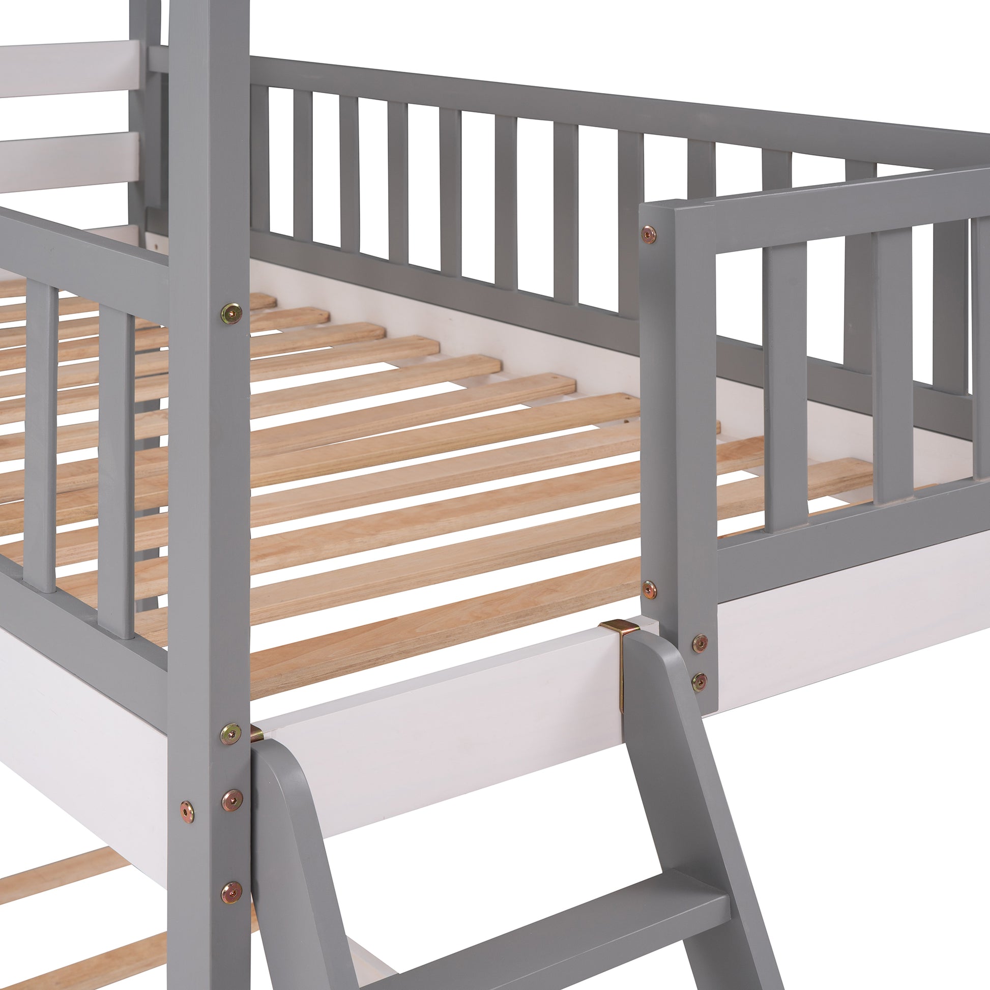 Twin Over Twin Bunk Bed Wood Bed With Roof, Window, Ladder Gray Old Sku :Lp000008Aae Twin Gray Solid Wood