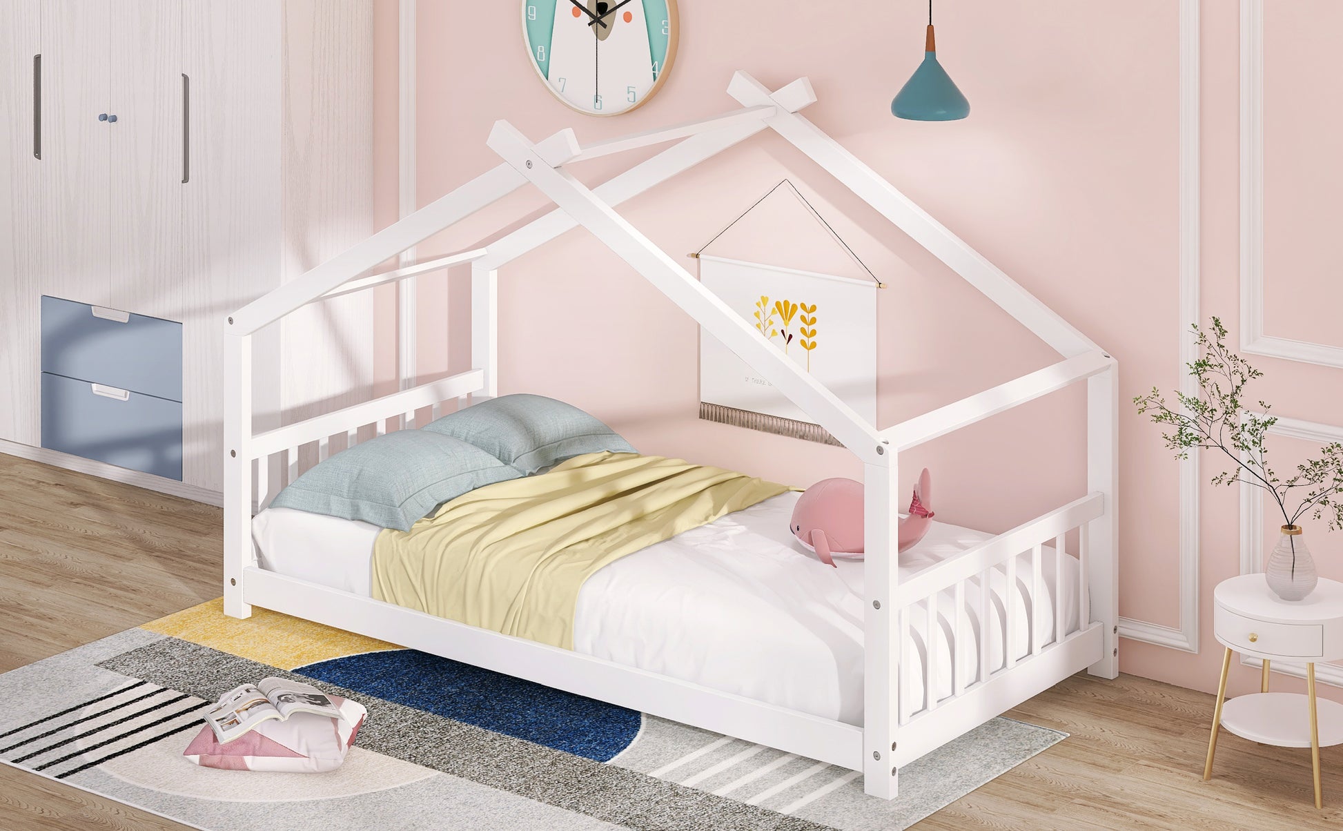 Twin Size House Bed Wood Bed, White White Solid Wood