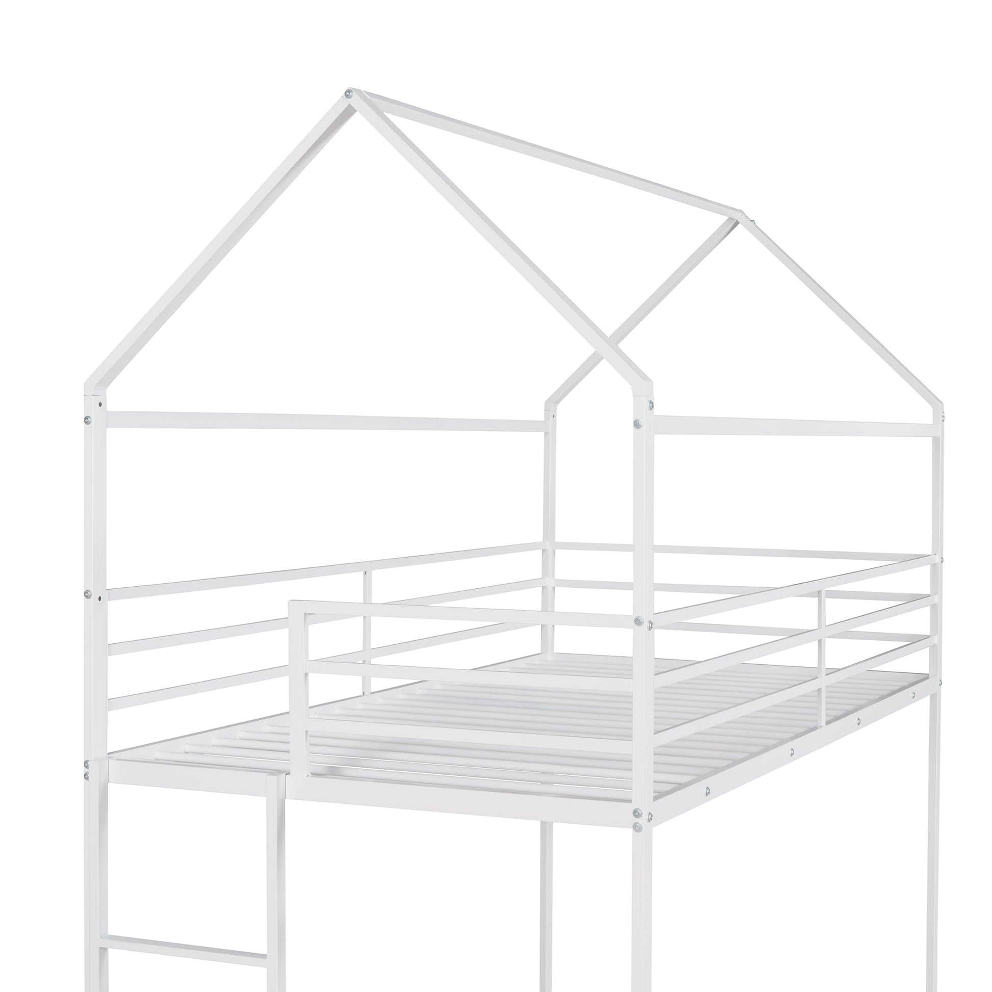 Bunk Beds For Kids Twin Over Twin,House Bunk Bed Metal Bed Frame Built In Ladder,No Box Spring Needed White White Metal