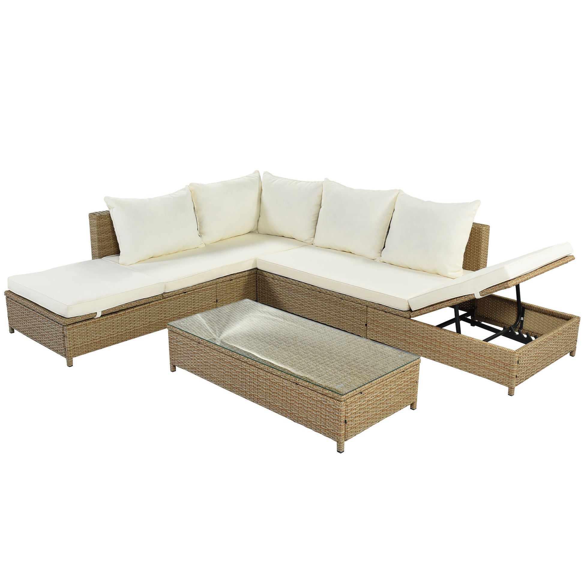 Patio 3 Piece Rattan Sofa Set All Weather Pe Wicker Sectional Set With Adjustable Chaise Lounge Frame And Tempered Glass Table, Natural Brown Yes Complete Patio Set Natural Water Resistant Frame Water Resistant Cushion Garden & Outdoor Casual Sofa