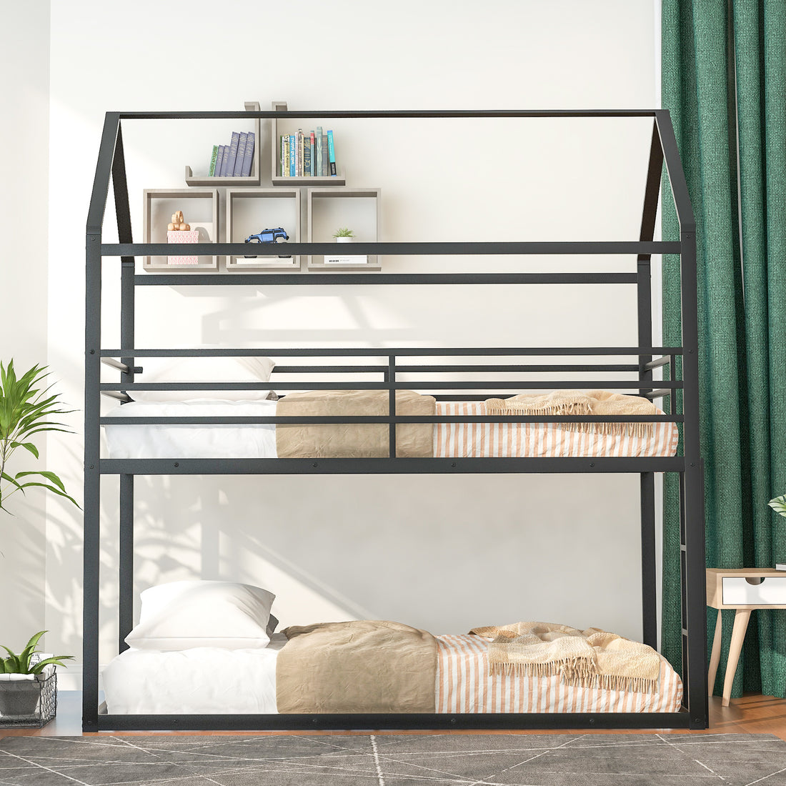 Bunk Beds For Kids Twin Over Twin,House Bunk Bed Metal Bed Frame Built In Ladder,No Box Spring Needed Black Black Metal