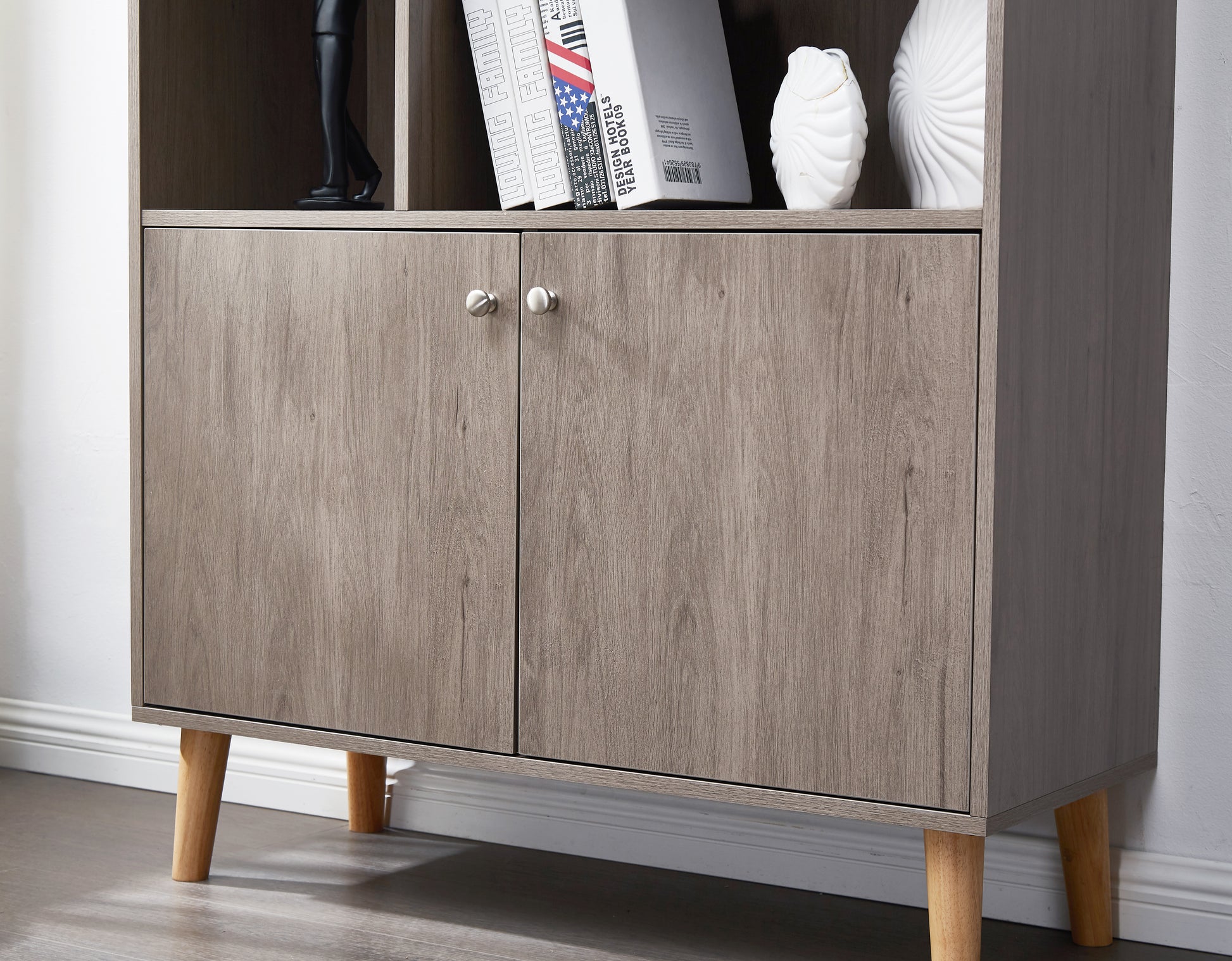 67" Bookcase With Doors, 3 Tier Bookshelf, Gray Oak Oak Mdf