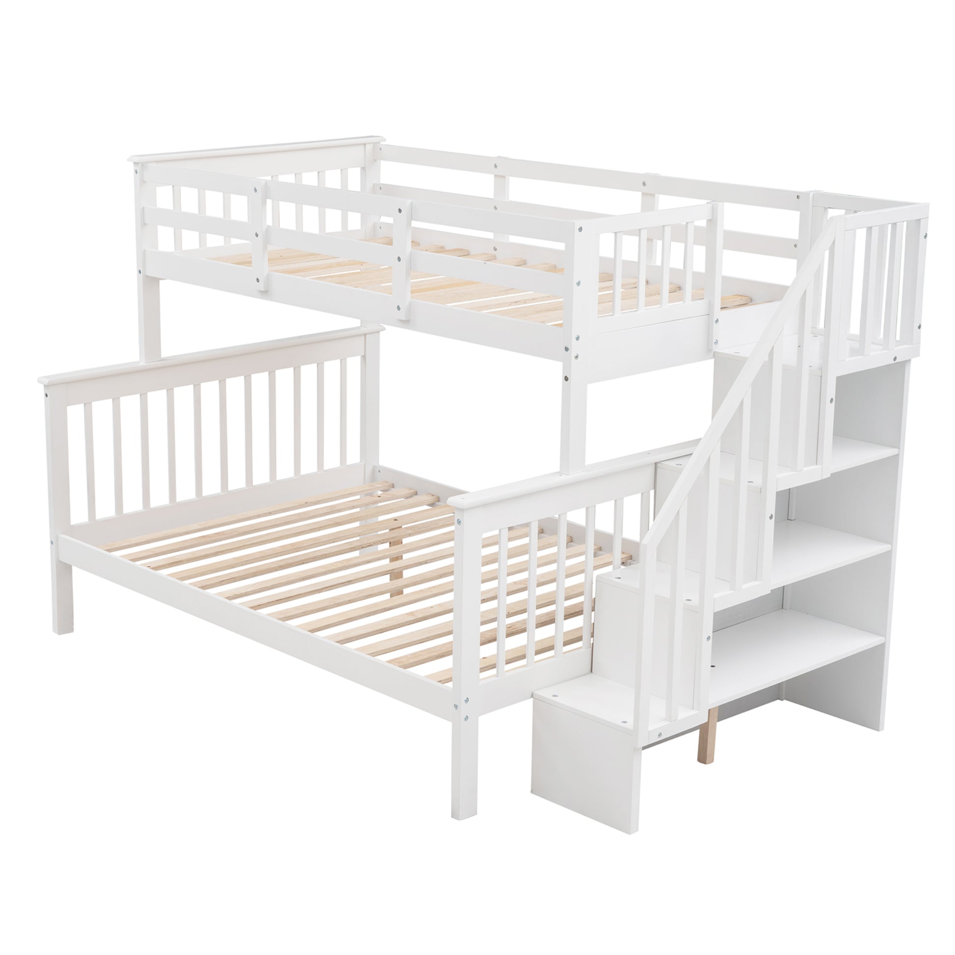 Stairway Twin Over Full Bunk Bed With Storage And Guard Rail For Bedroom, White Color Old Sku :Lp000019Aak White Solid Wood