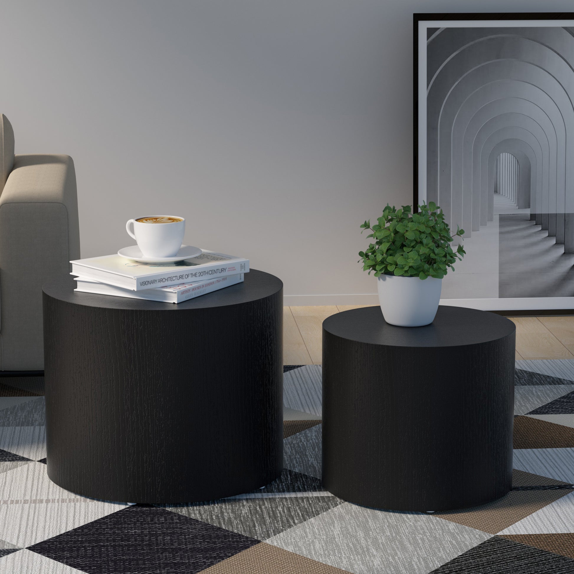 Mdf With Ash Oak Walnut Veneer Side Table Coffee Table End Table Nesting Table Set Of 2 For Living Room,Office,Bedroom Black Matte Black Mdf