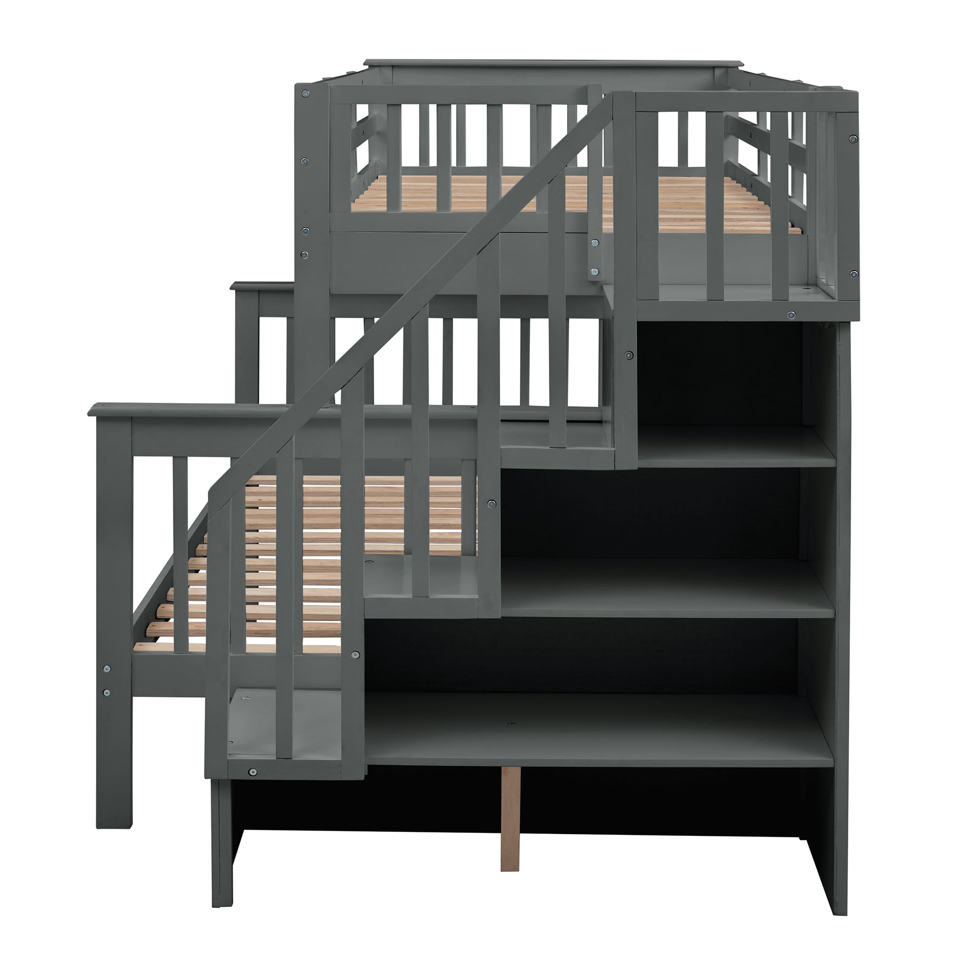 Stairway Twin Over Full Bunk Bed With Storage And Guard Rail For Bedroom, Gray Color Old Sku :Lp000019Aae Gray Solid Wood