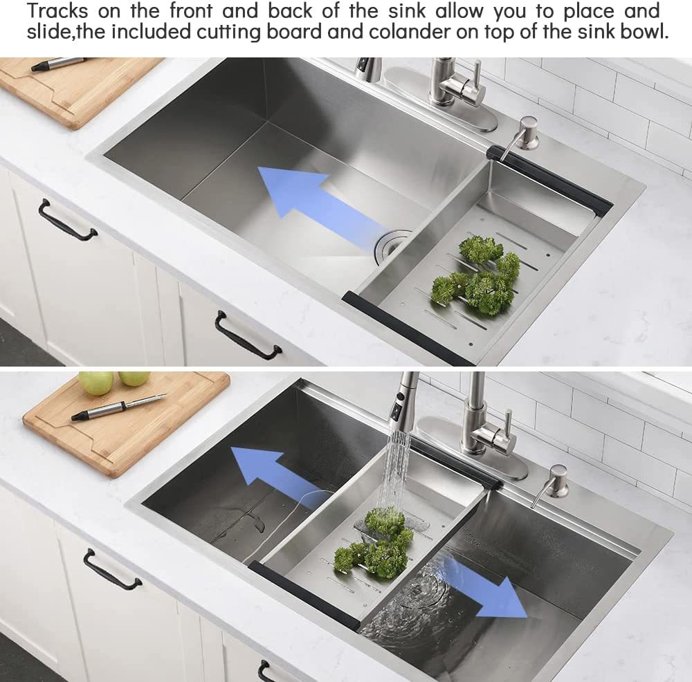 Workstation 33 Inch Drop In 16 Gauge Kitchen Sink R10 Radius Stainless Steel Kitchen Sink Single Bowl With Intergrated Ledge & Accessories Pack Of 5 33"X22"X10" Brushed Nickel Stainless Steel