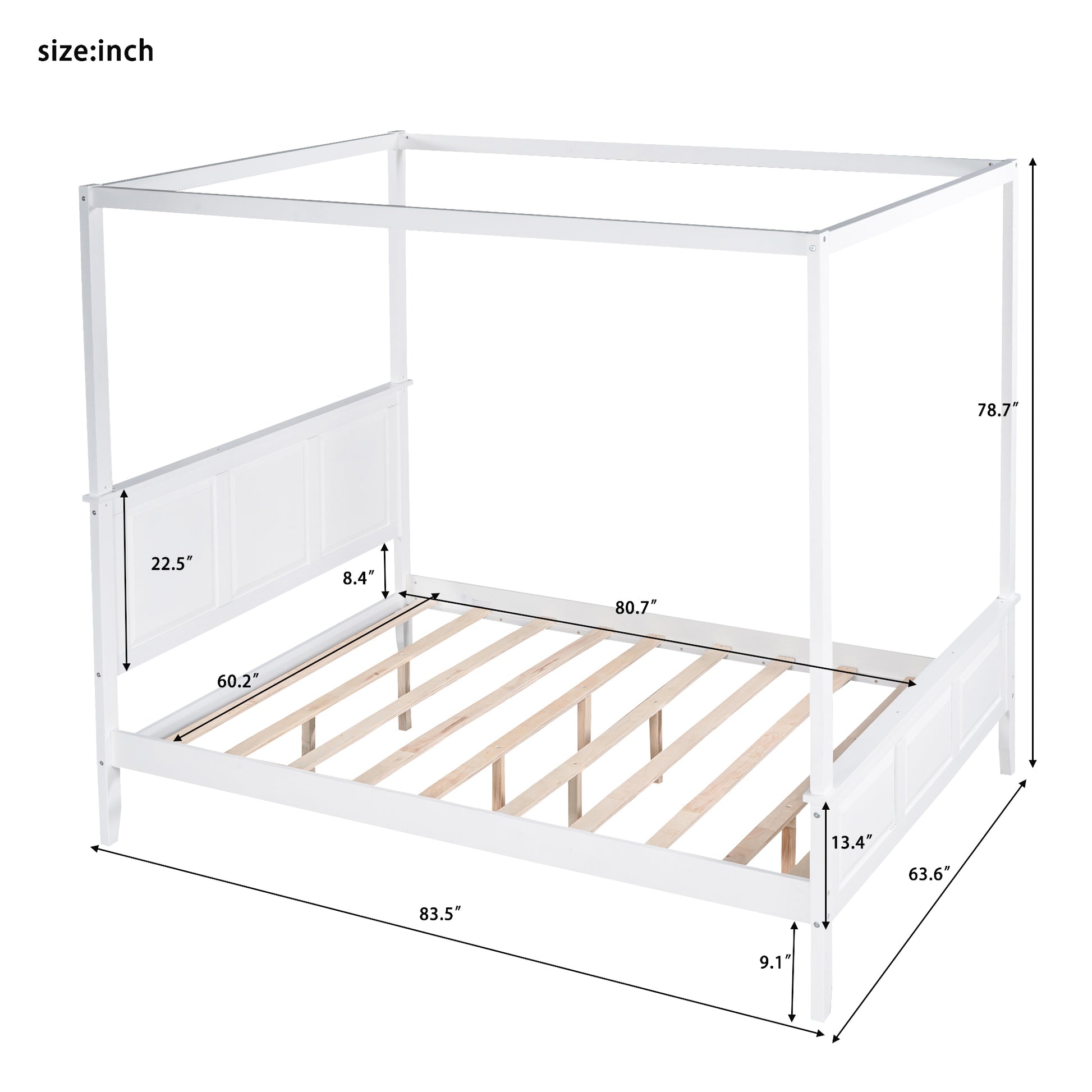 Queen Size Canopy Platform Bed With Headboard And Footboard,Slat Support Leg,White Box Spring Not Required Queen White Wood Canopy Pine