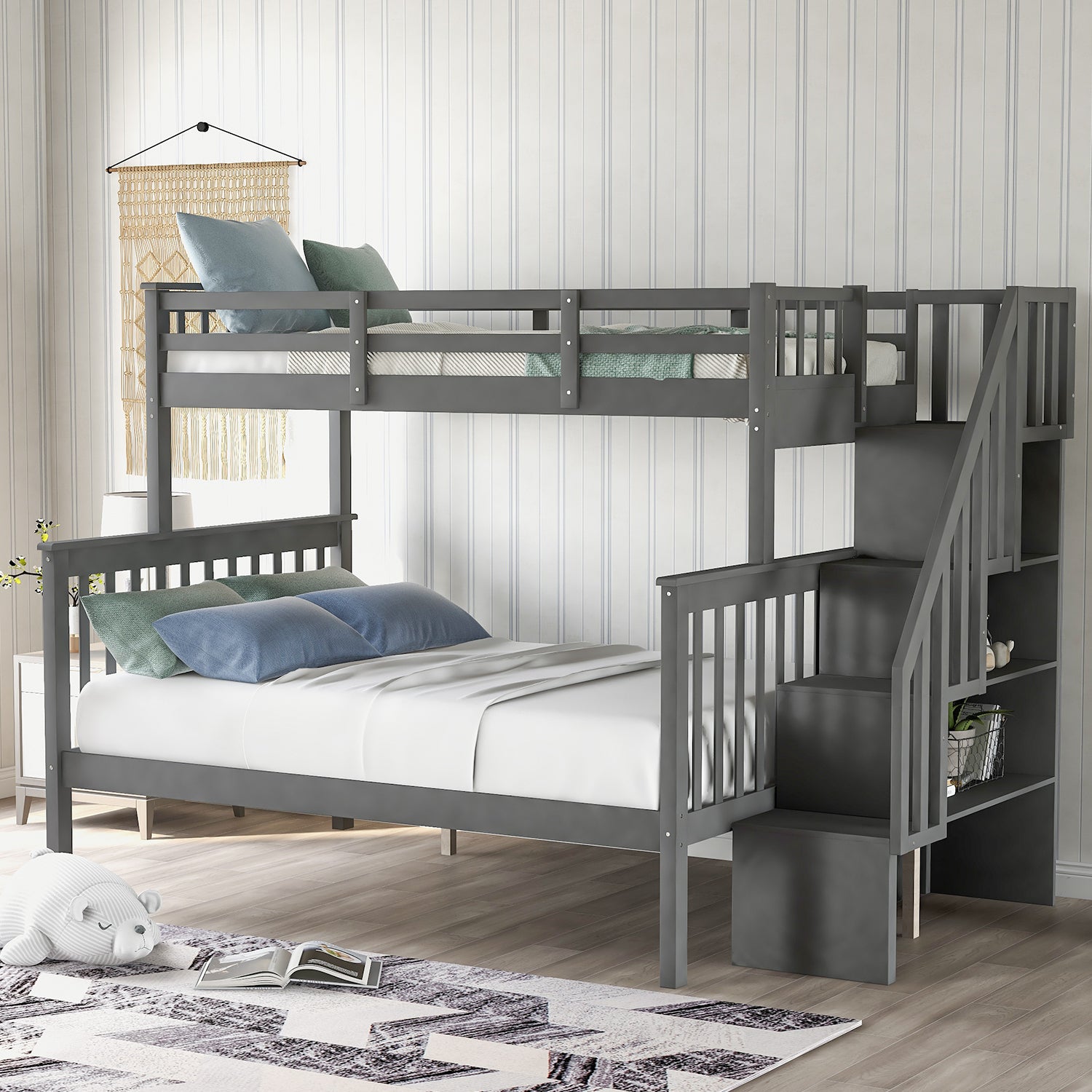 Stairway Twin Over Full Bunk Bed With Storage And Guard Rail For Bedroom, Gray Color Old Sku :Lp000019Aae Gray Solid Wood