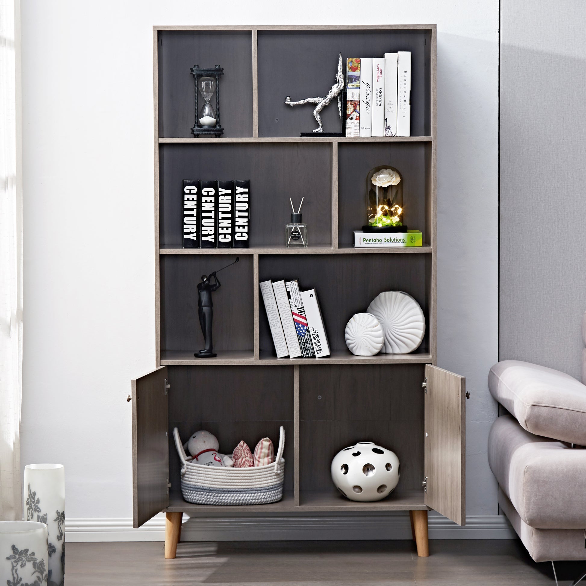 67" Bookcase With Doors, 3 Tier Bookshelf, Gray Oak Oak Mdf