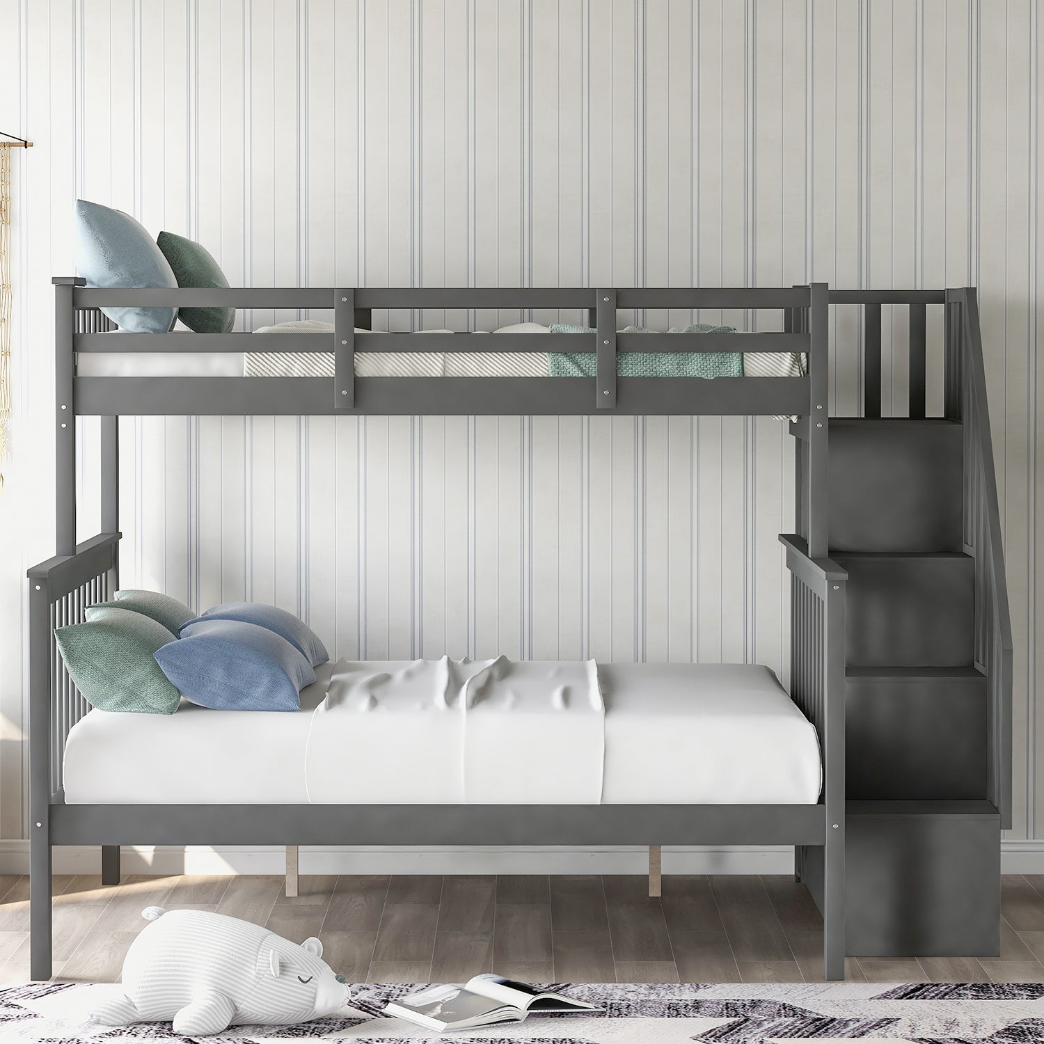 Stairway Twin Over Full Bunk Bed With Storage And Guard Rail For Bedroom, Gray Color Old Sku :Lp000019Aae Gray Solid Wood